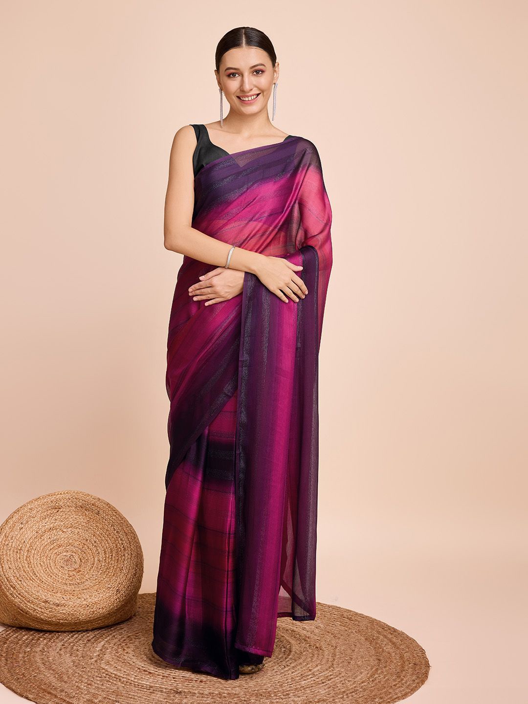 

Suha Striped Poly Chiffon Saree, Pink