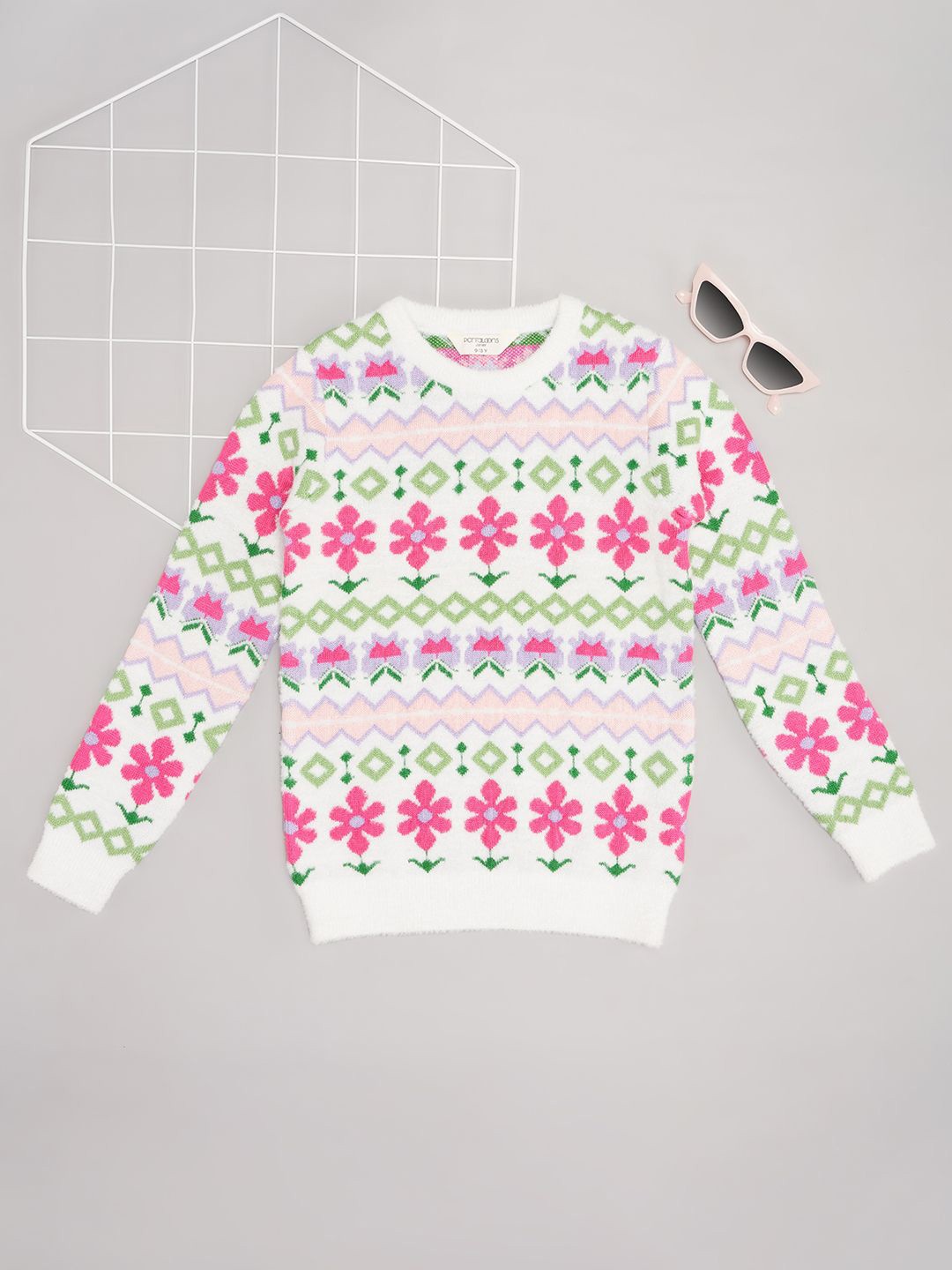 

Pantaloons Junior Girls Floral Round Neck Pullover Sweaters, White
