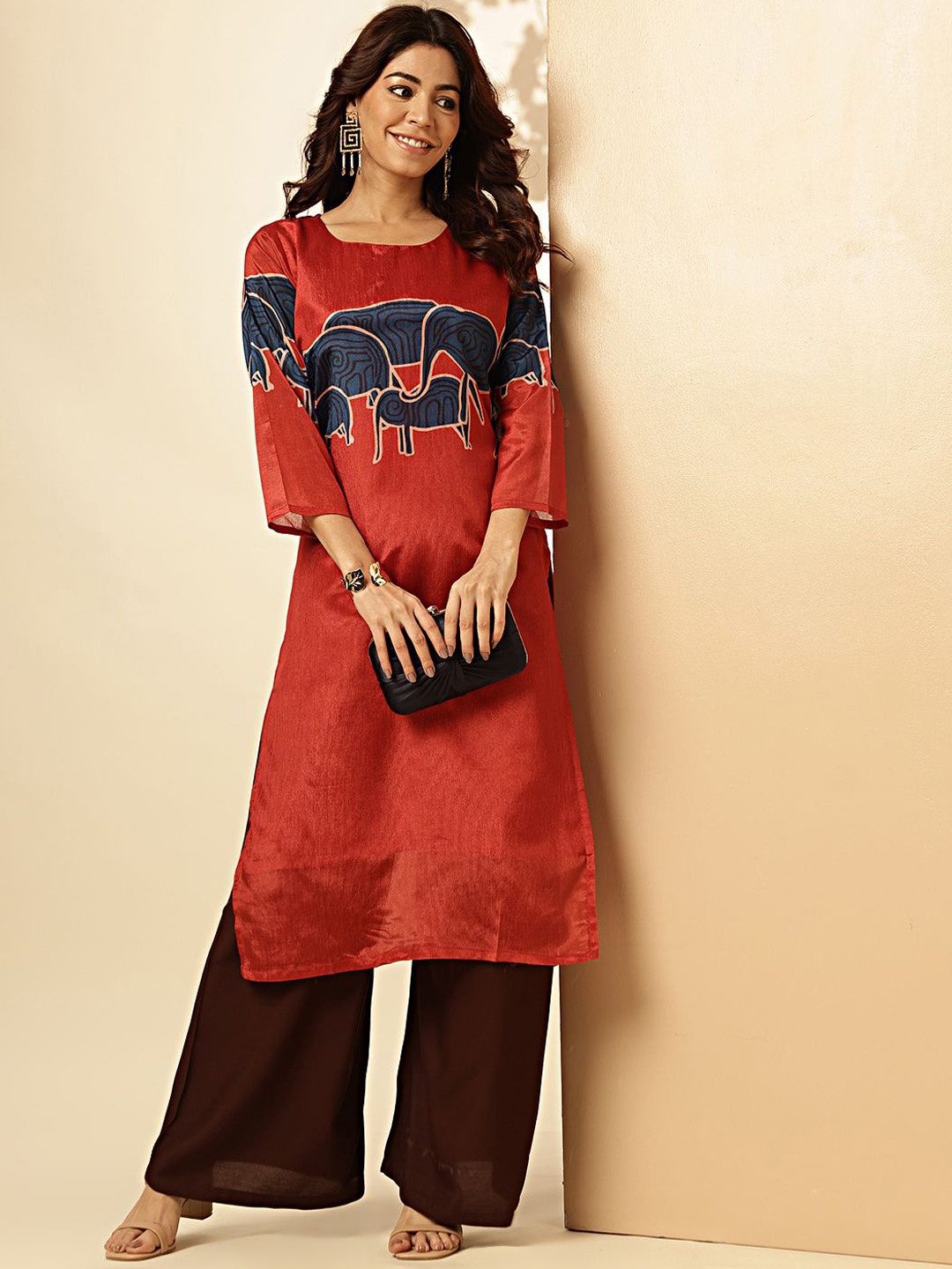 

Vbuyz Animal Printed Round Neck Three Quarter Sleeves Straight Kurta, Red