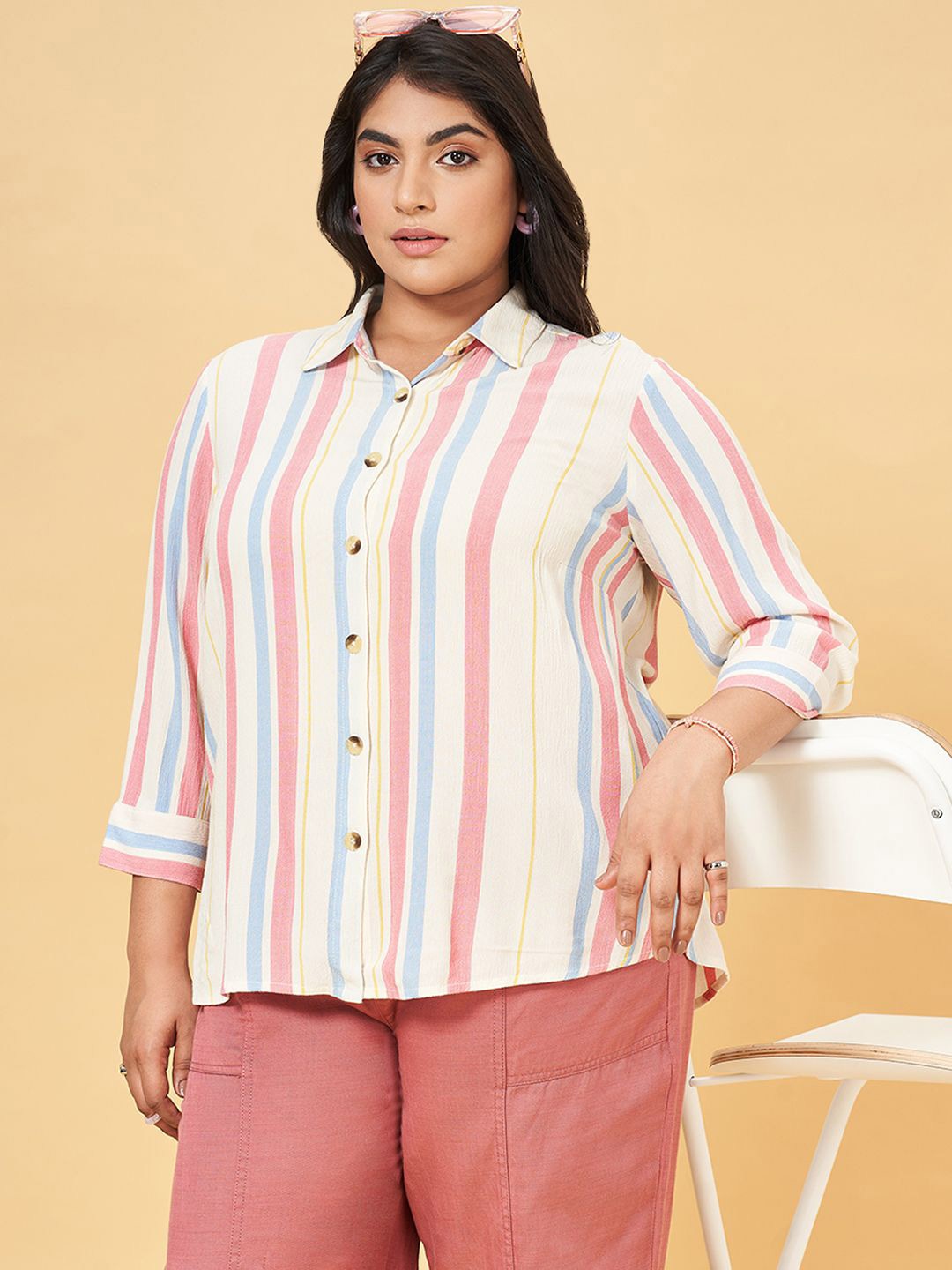 

Honey Curvytude by Pantaloons Women Striped long Top, Peach