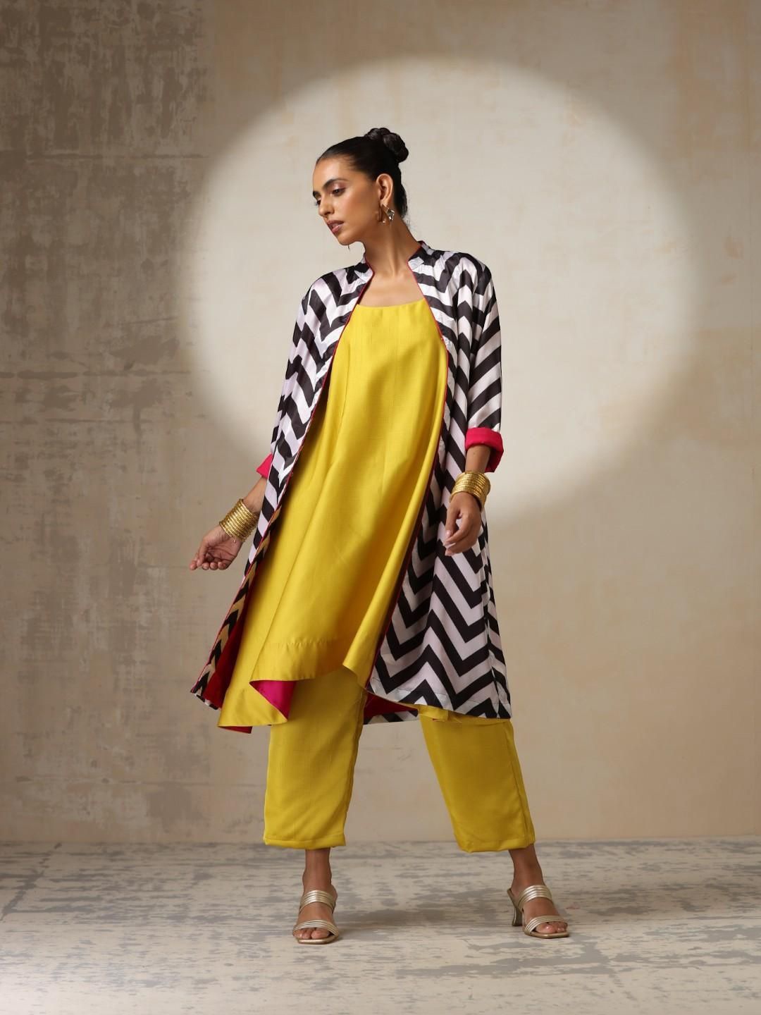 

Swtantra Shoulder Straps Sleeveless A line Top With Trousers, Yellow