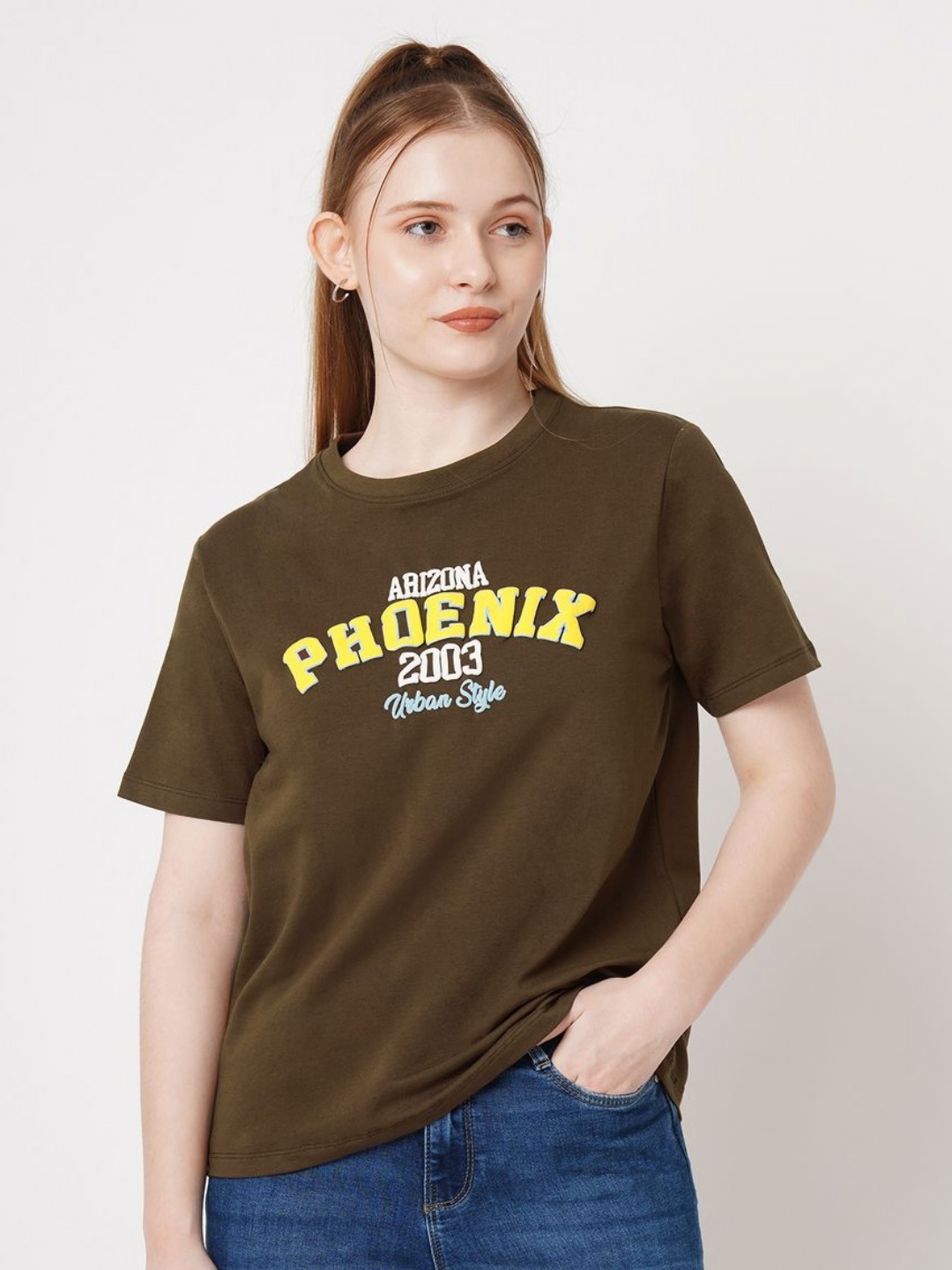 

Kraus Jeans Women Typography Printed Slim Fit T-shirt, Brown