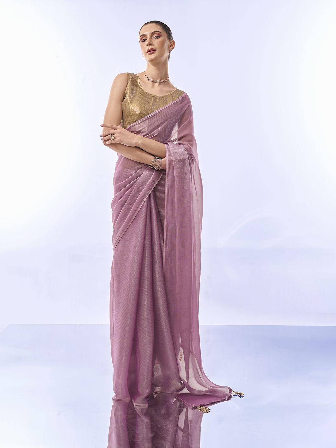 

Mitera Sequinned Pure Chiffon Ready to Wear Saree, Lavender