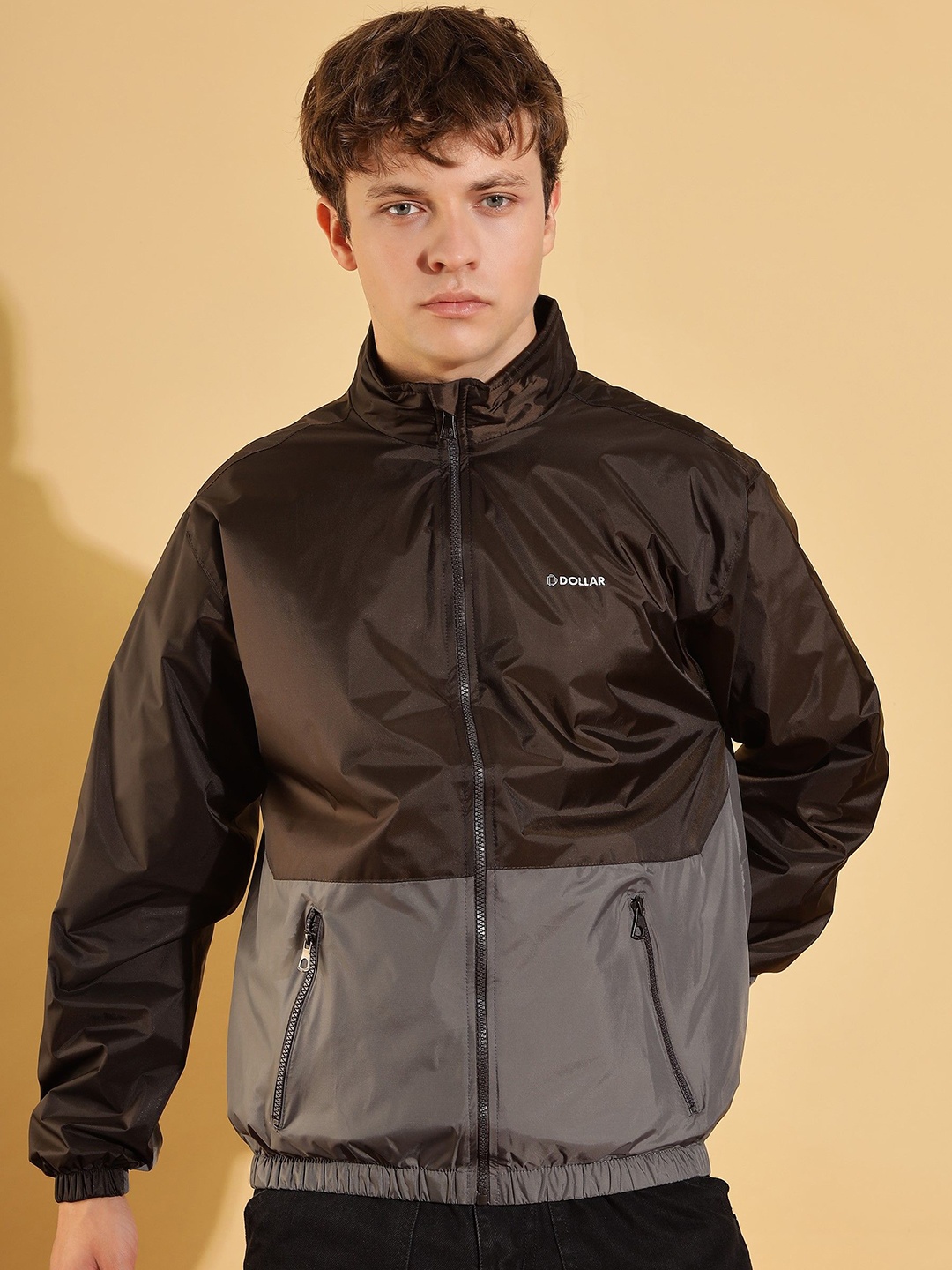 

Dollar Men Mock Collar Colourblocked Casual Bomber Jacket, Brown