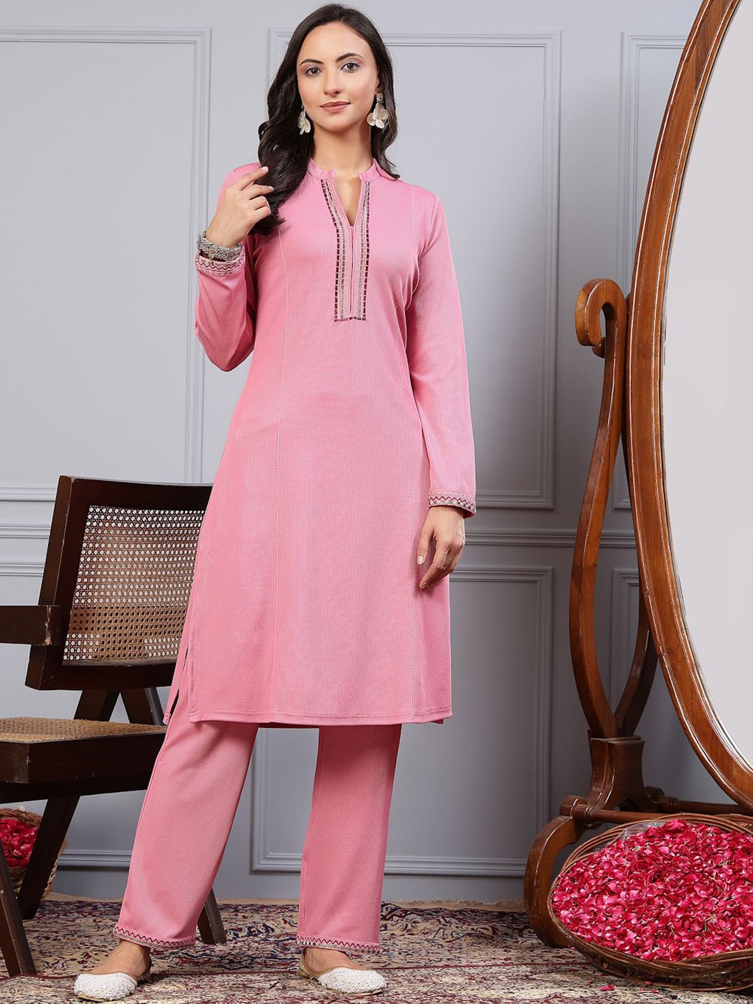 

Nayam By Lakshita Ethnic Motifs Yoke Design Thread Work A-Line Kurta With Palazzos, Pink