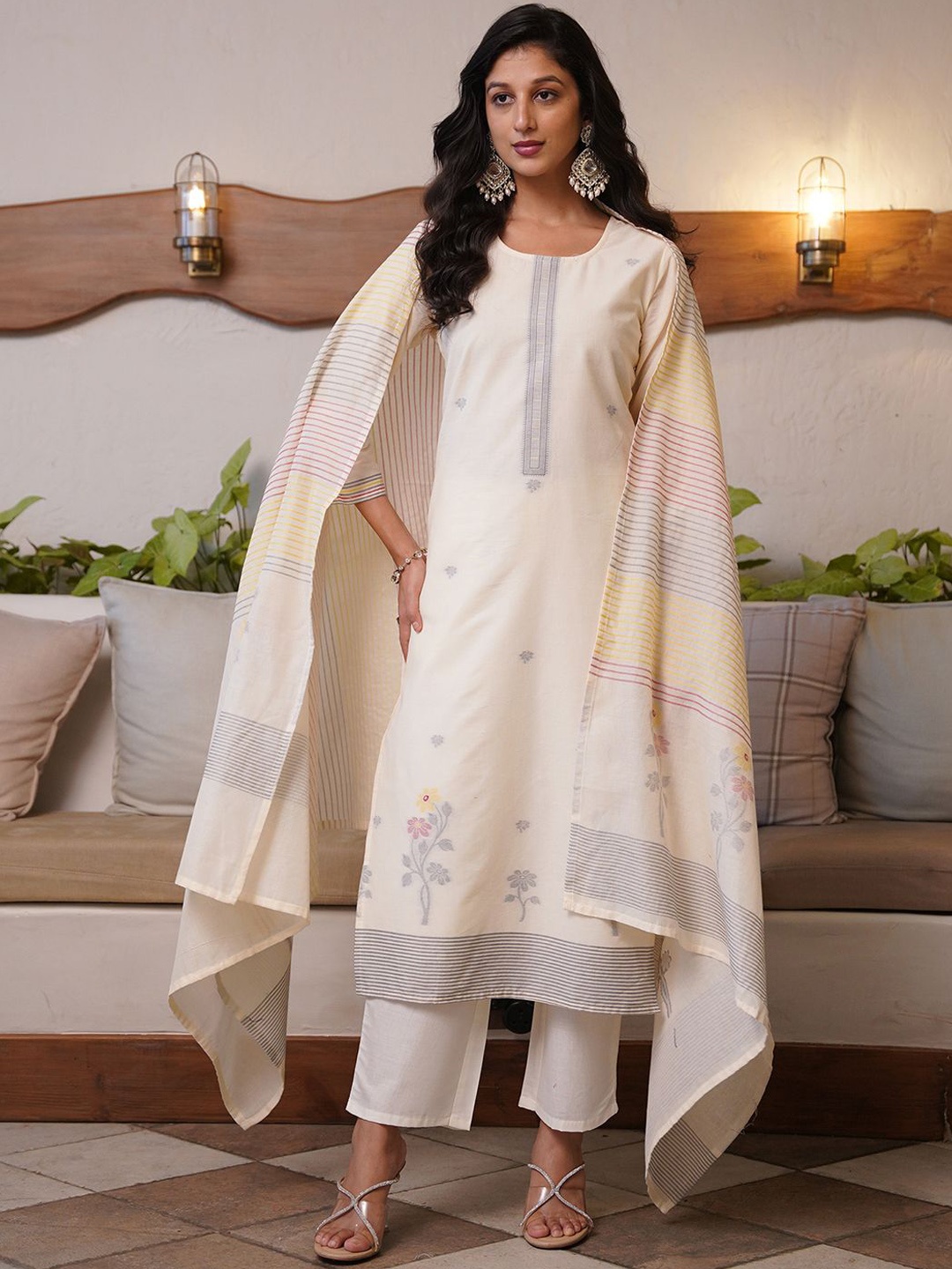 

KALINI Women Ethnic Motifs Printed Regular Thread Work Kurta with Trousers & With Dupatta, White