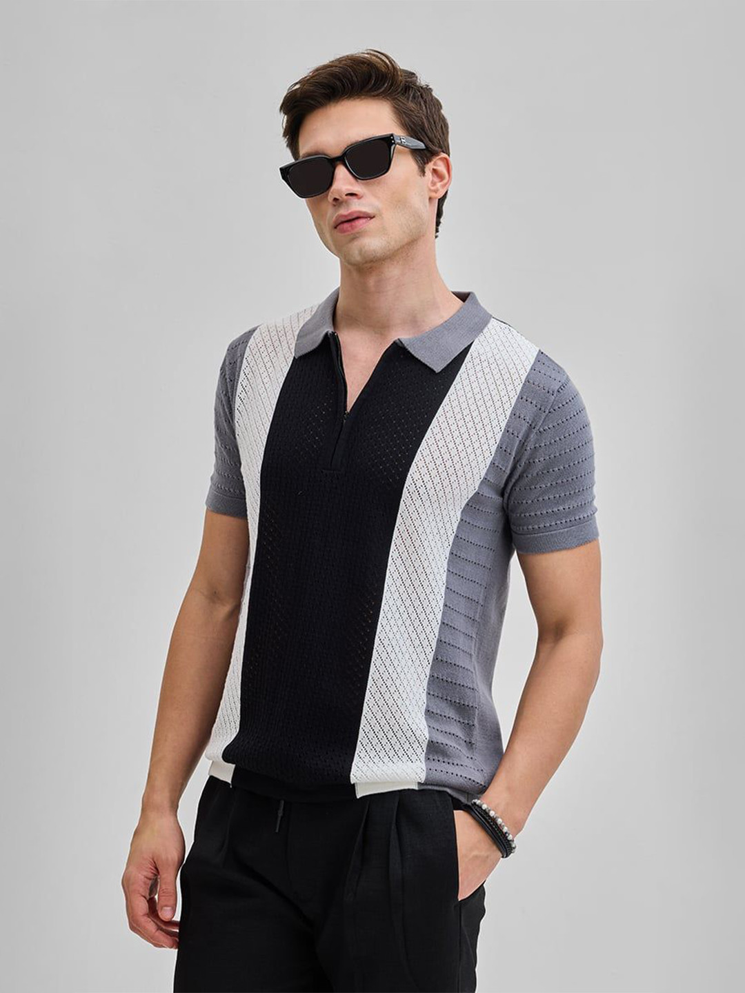 

Snitch Men Colourblocked Polo Collar Cotton Slim Fit T-shirt, Black