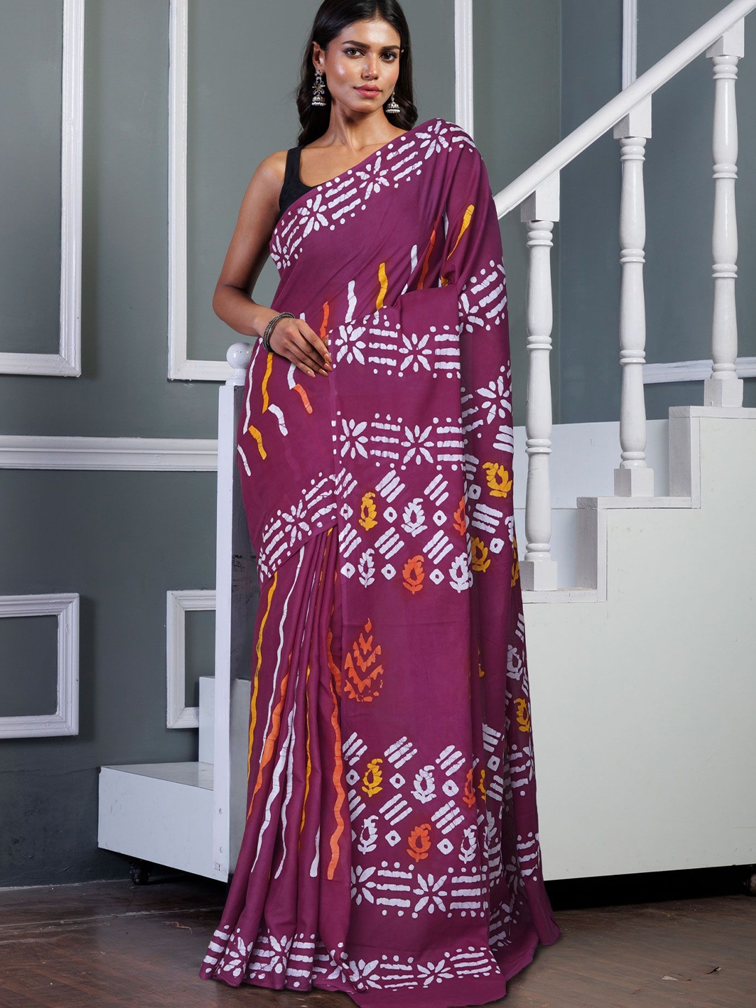 

Unnati Silks Pure Cotton Handloom Block Print Saree, Pink