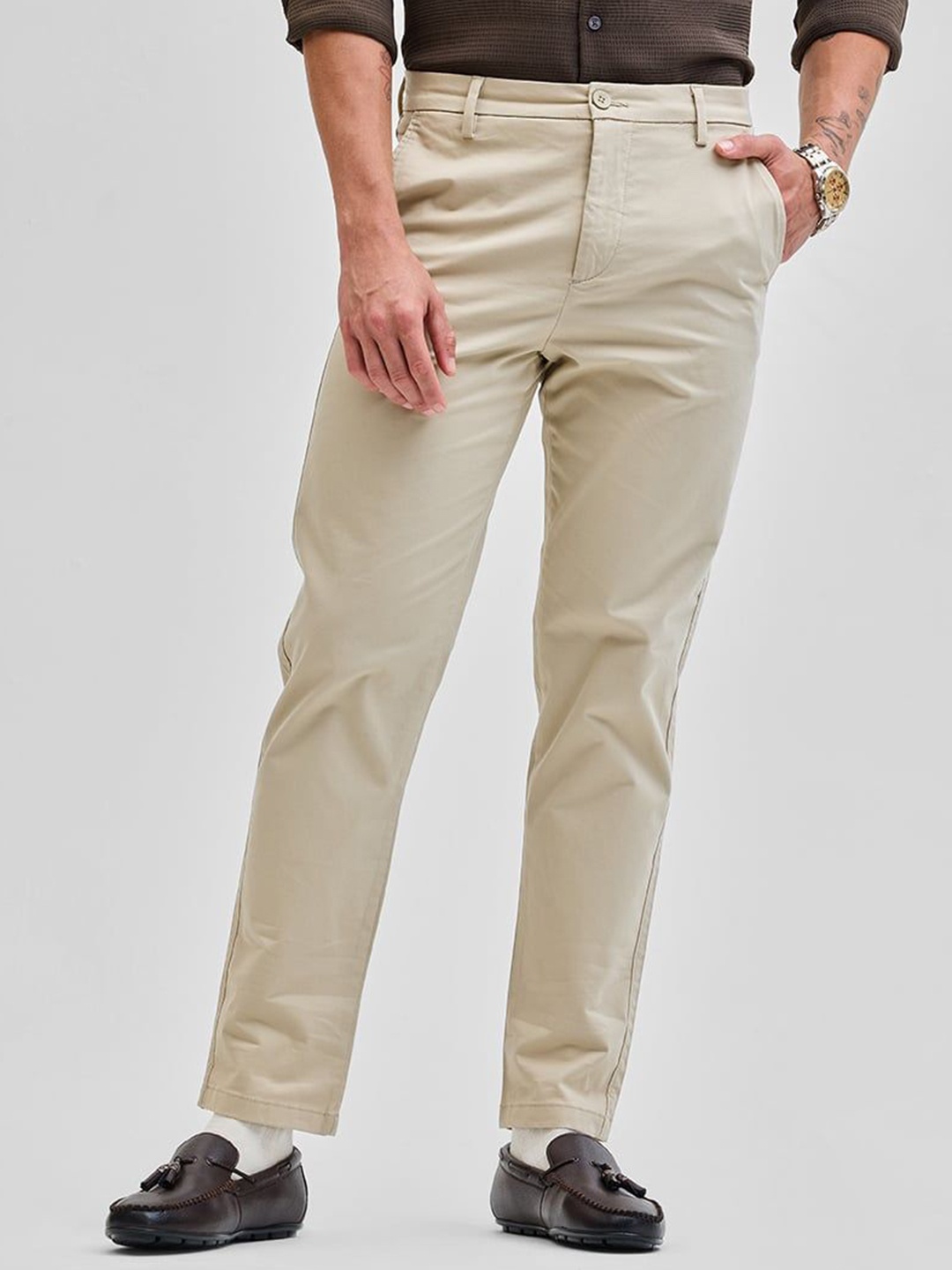 

Snitch Men Smart Slim Fit Trouser, Beige