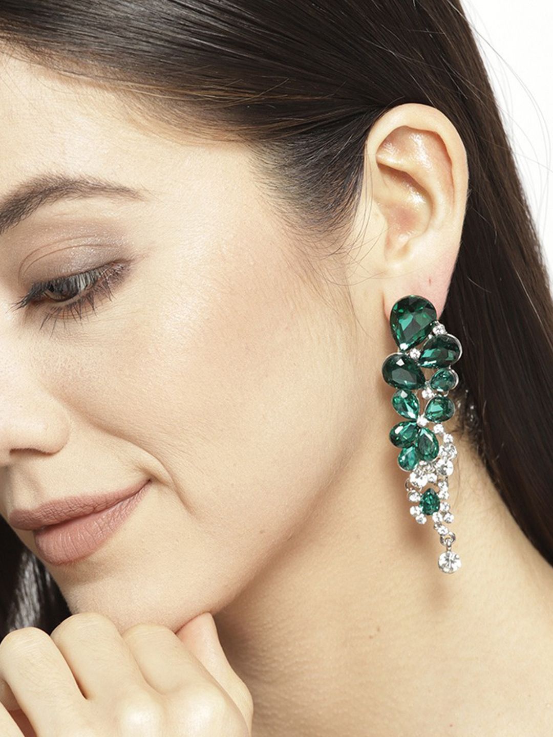 

YouBella Silver-Plated Stone Studded Contemporary Drop Earrings