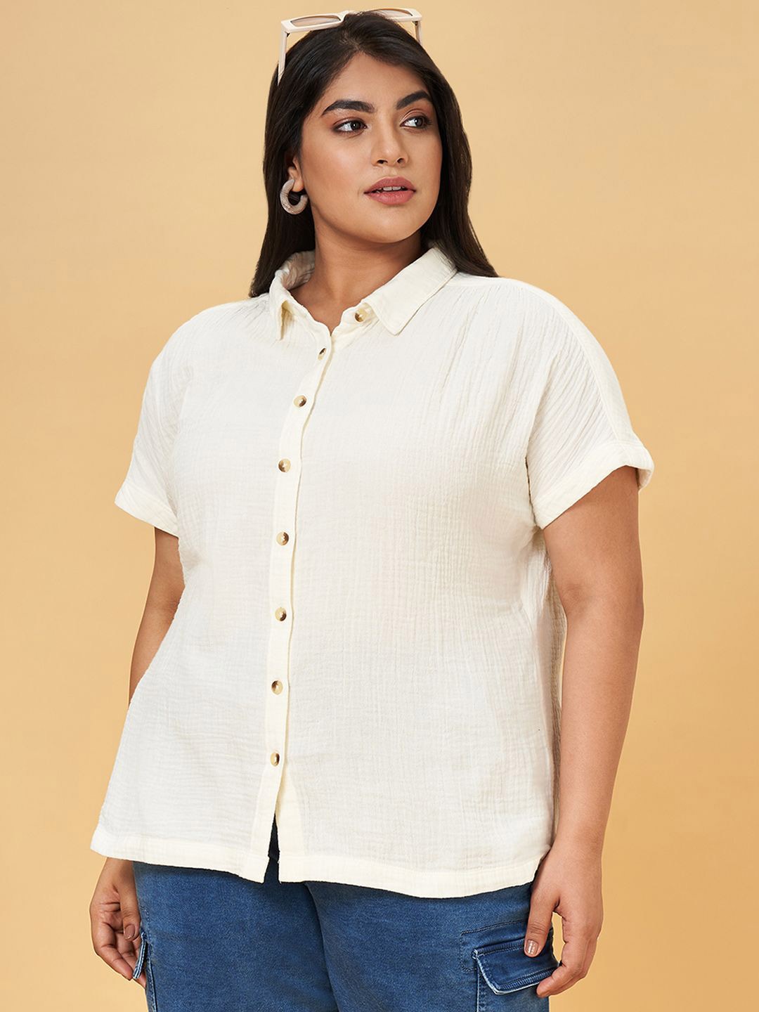 

Honey Curvytude by Pantaloons Women Extended Sleeves Cotton Shirt Style Top, Off white