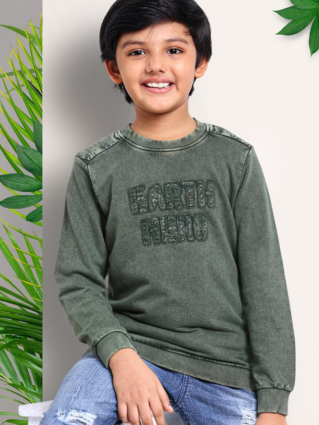 

ARIAS By LARA DUTTA Boys Round Neck Pullover Cotton Sweatshirt, Olive