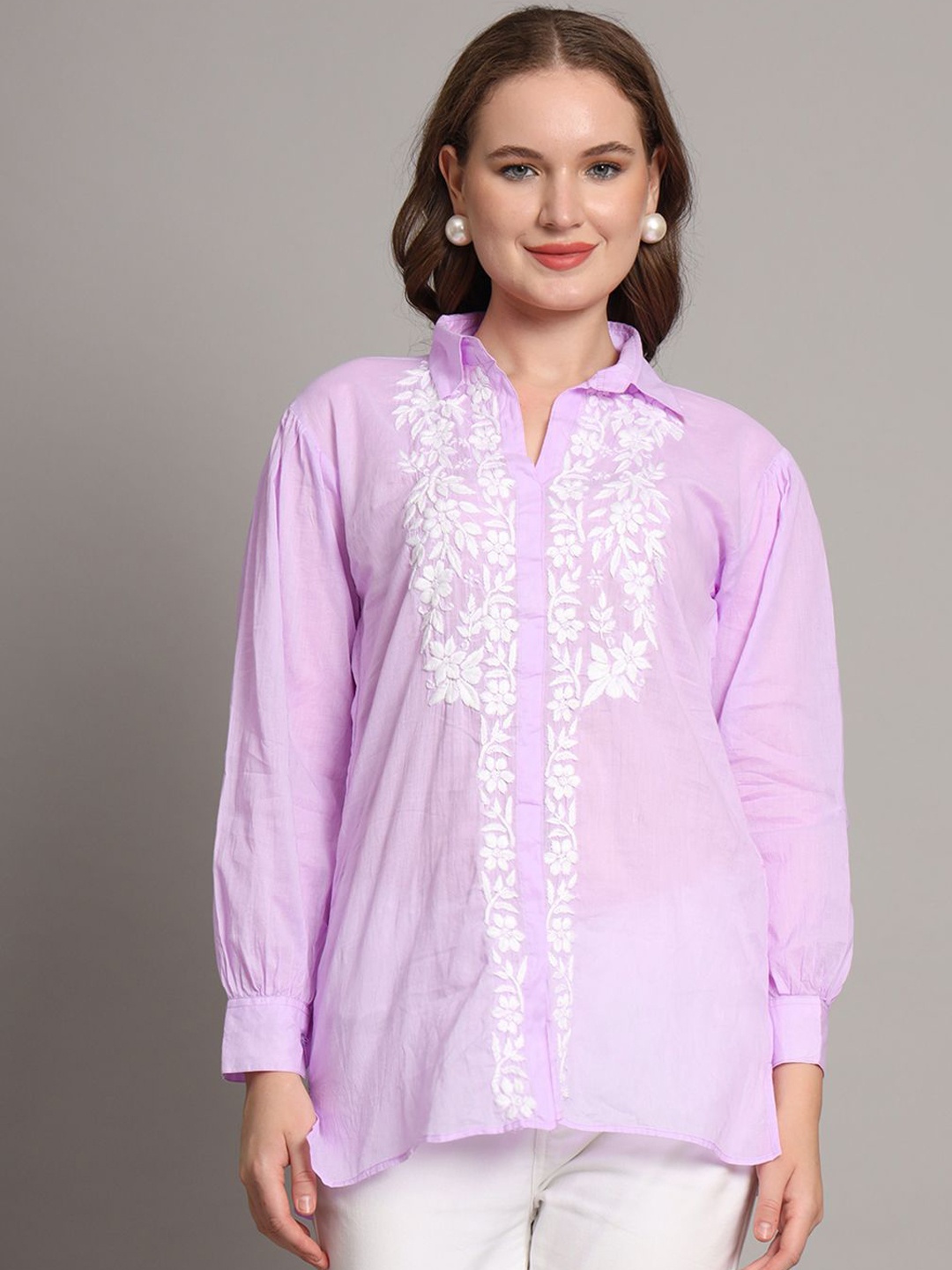 

The Chikan Label Floral Embroidered Shirt Collar Pure Cotton A-Line Kurti, Lavender