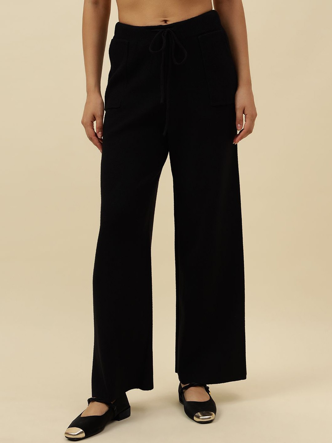

Beatnik Women Smart Loose Fit Mid-Rise Wide Leg Trousers, Black