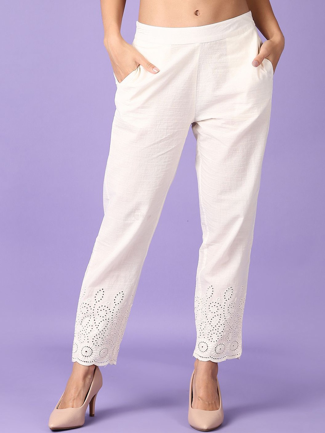 

V-Mart Women Slim Fit Mid-Rise Cotton Peg Trousers, Off white