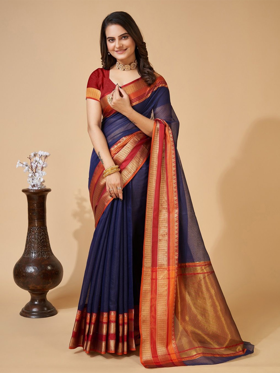 

Suha Ethnic Motifs Zari Kota Saree, Navy blue