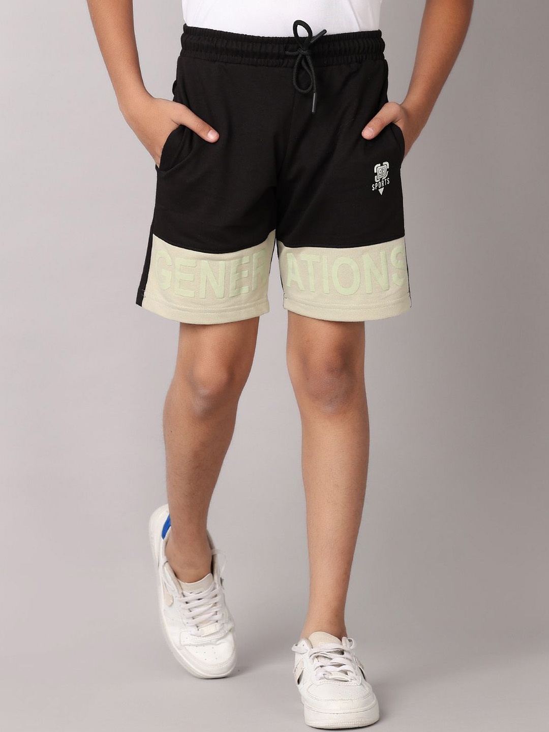 

V-Mart Boys Colourblocked Cotton Mid-Rise Above Knee Shorts, Black