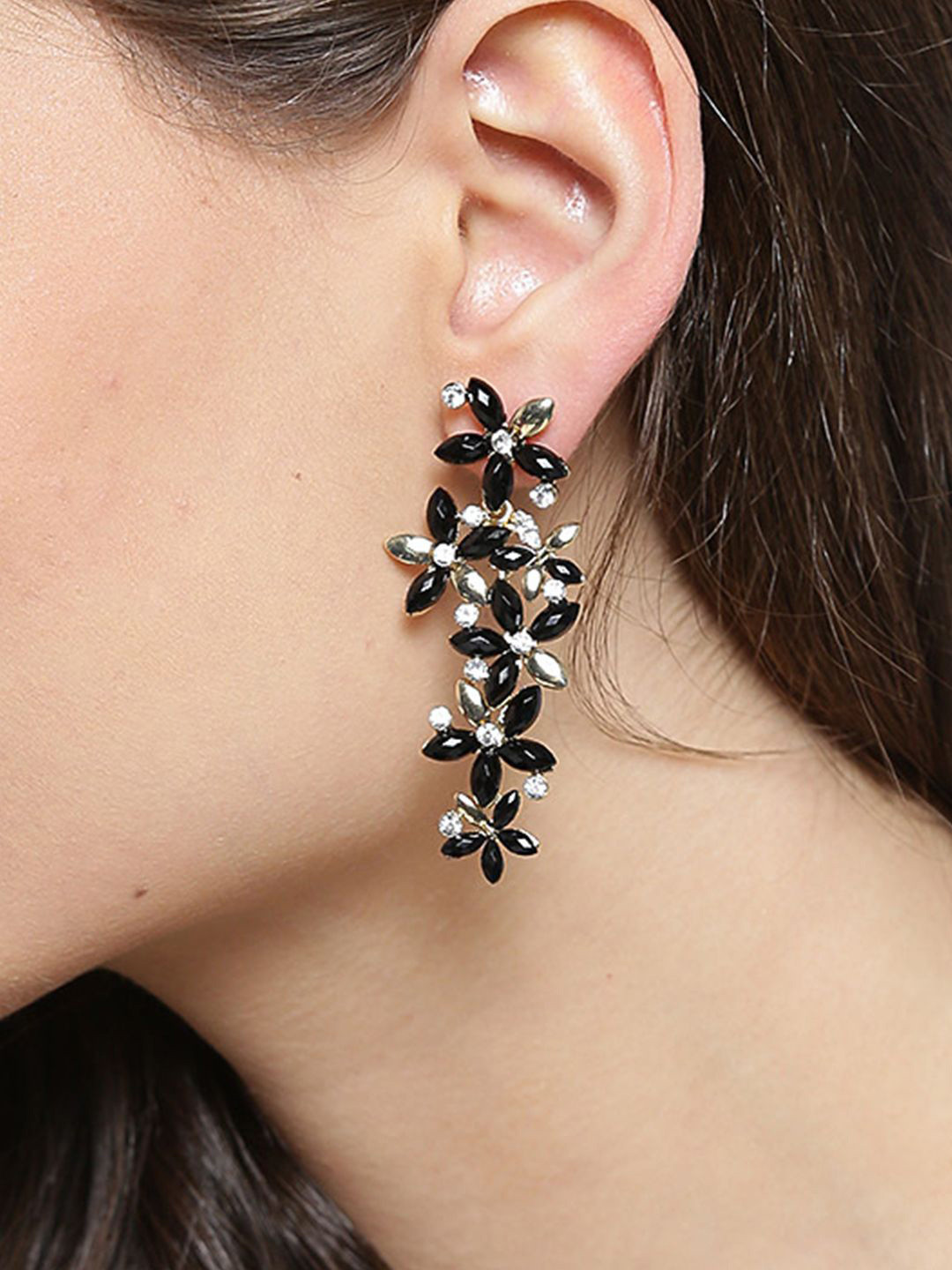 

YouBella Gold Plated Artificial Stones Studded Contemporary Drop Earrings, Black