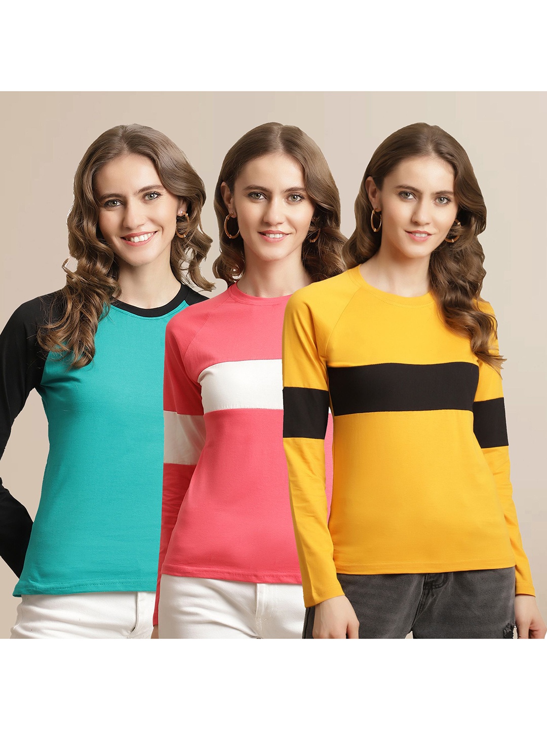 

Metronaut Women Pack Of 3 Striped Round Neck Cotton T-shirts, Yellow