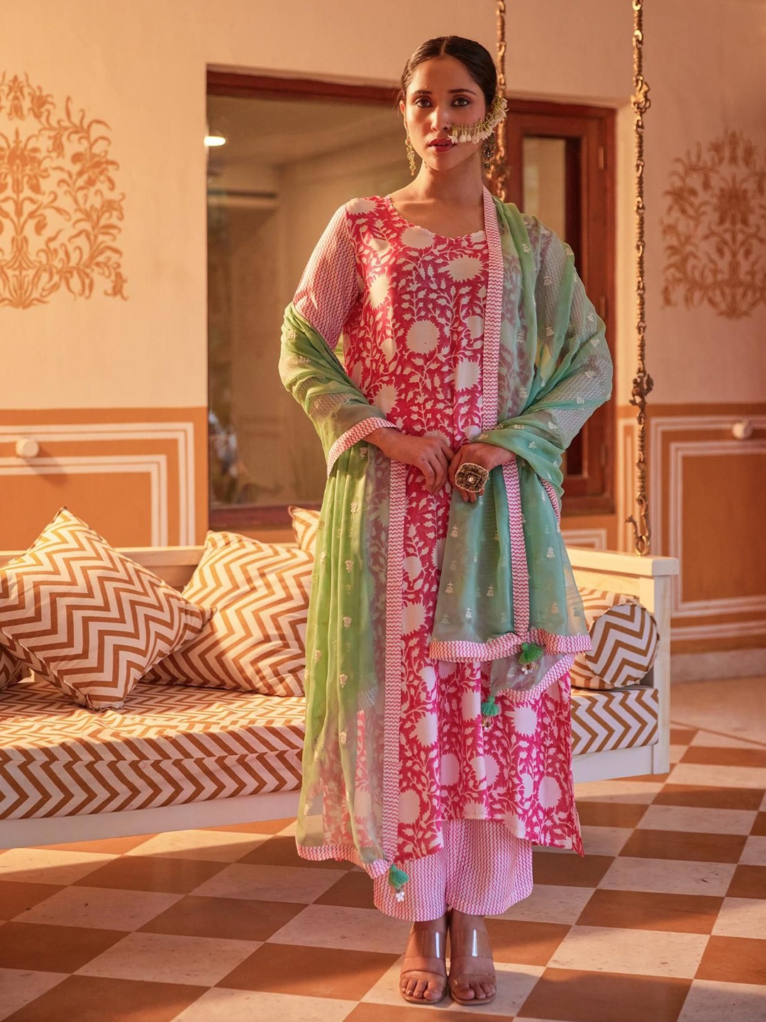 

Kapraaha Floral Printed A-Line Pure Cotton Kurta with Palazzos & Dupatta, Pink