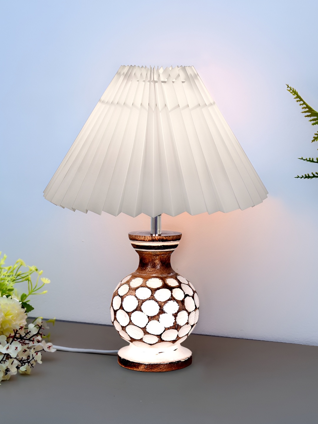 

Homesake White and Brown Textured Wooden Contemporary Frusturical Shaped Table Lamp