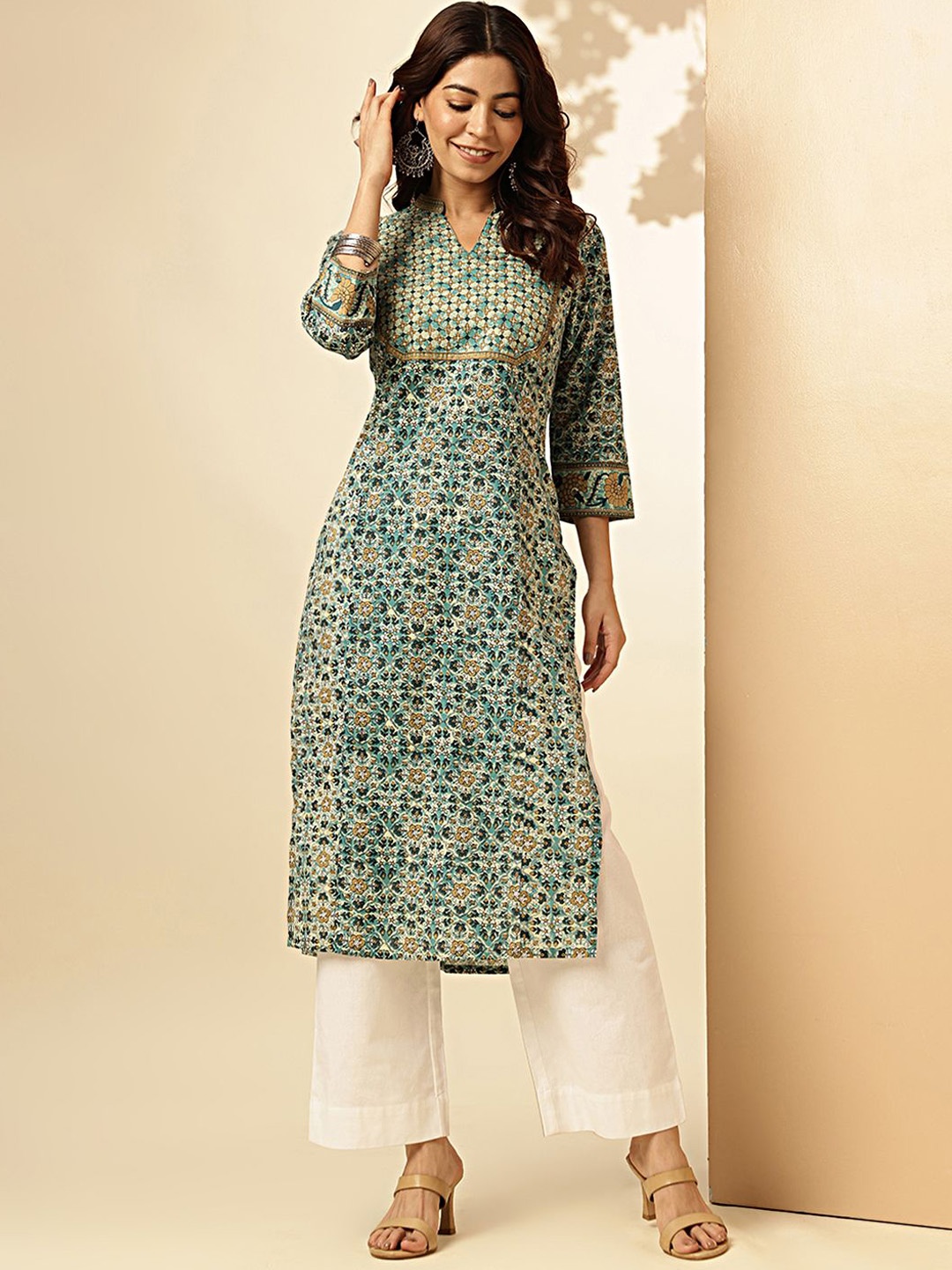 

KALINI Ethnic Motifs Printed Mandarin Collar Three Quarter Sleeves Sequined Straight Kurta, Blue