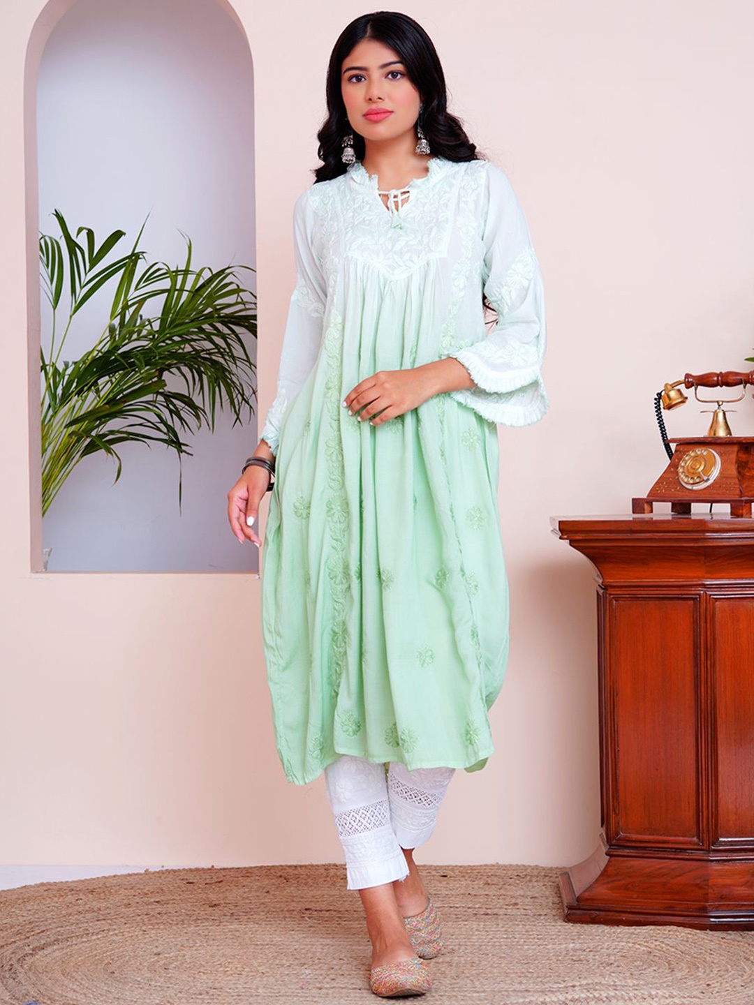 

The Chikan Label Ethnic Motifs Embroidered Chikankari Anarkali Kurta, Green