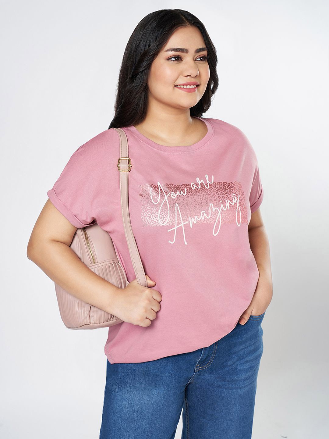 

Honey Curvytude by Pantaloons Women Typography Printed Cotton short Top, Pink