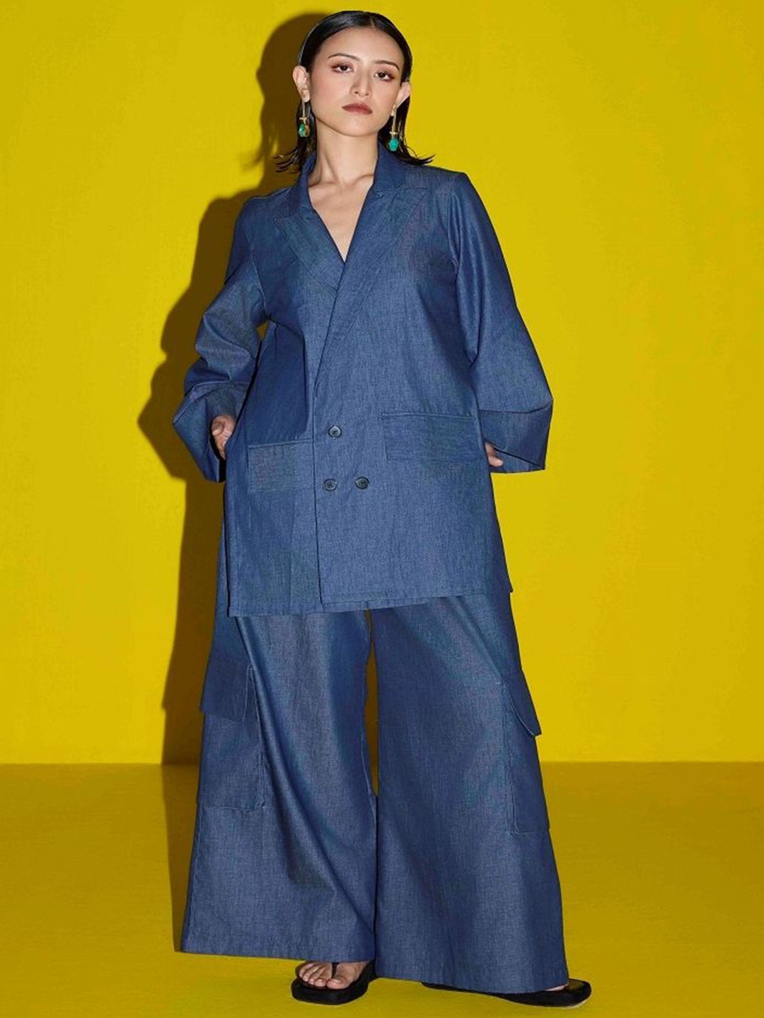 

SIL SILA Lapel Collar Long Sleeves Blazer With Palazzo, Navy blue