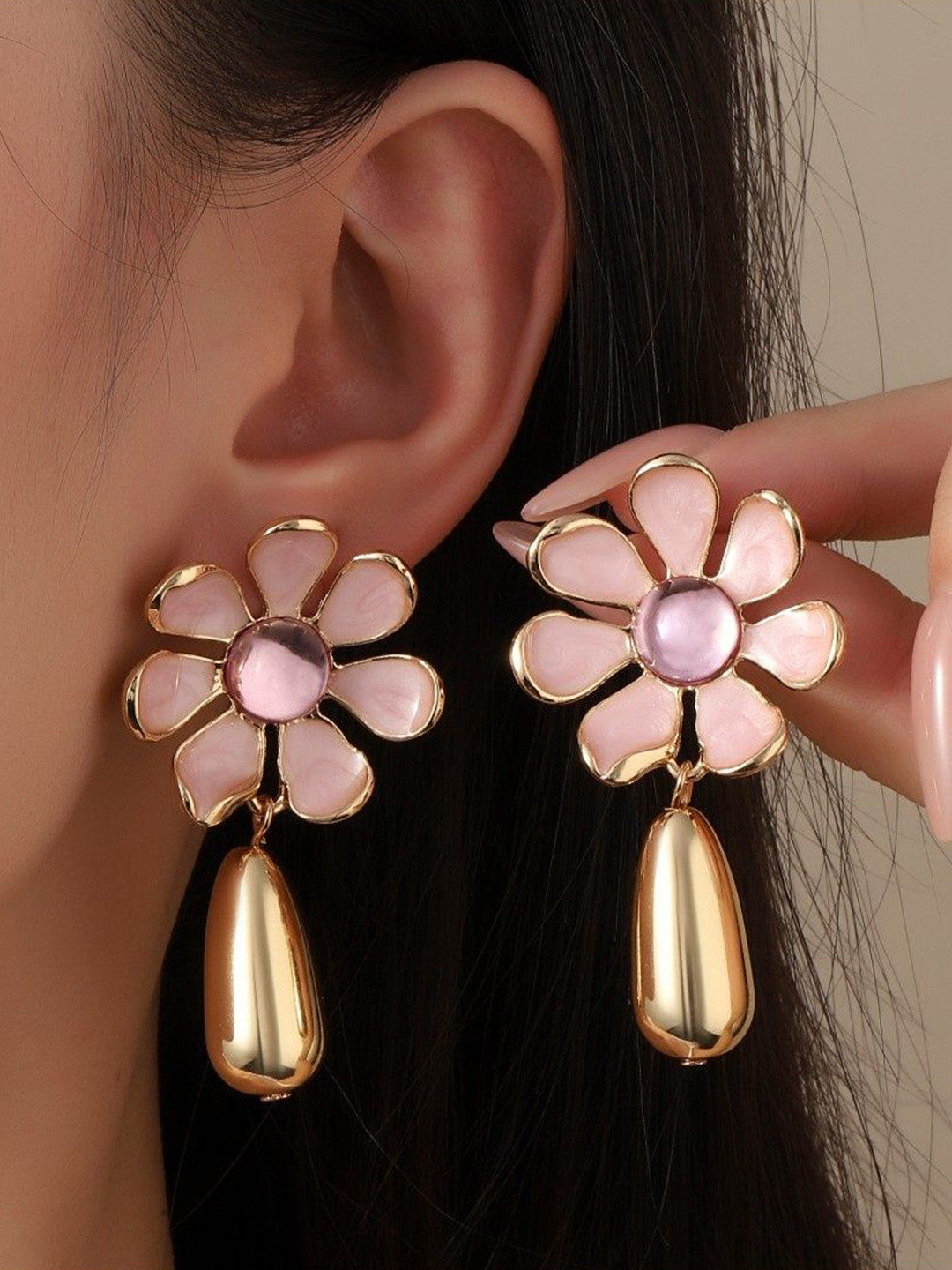 

SALTY Stone Studded Floral Drop Earrings, Gold