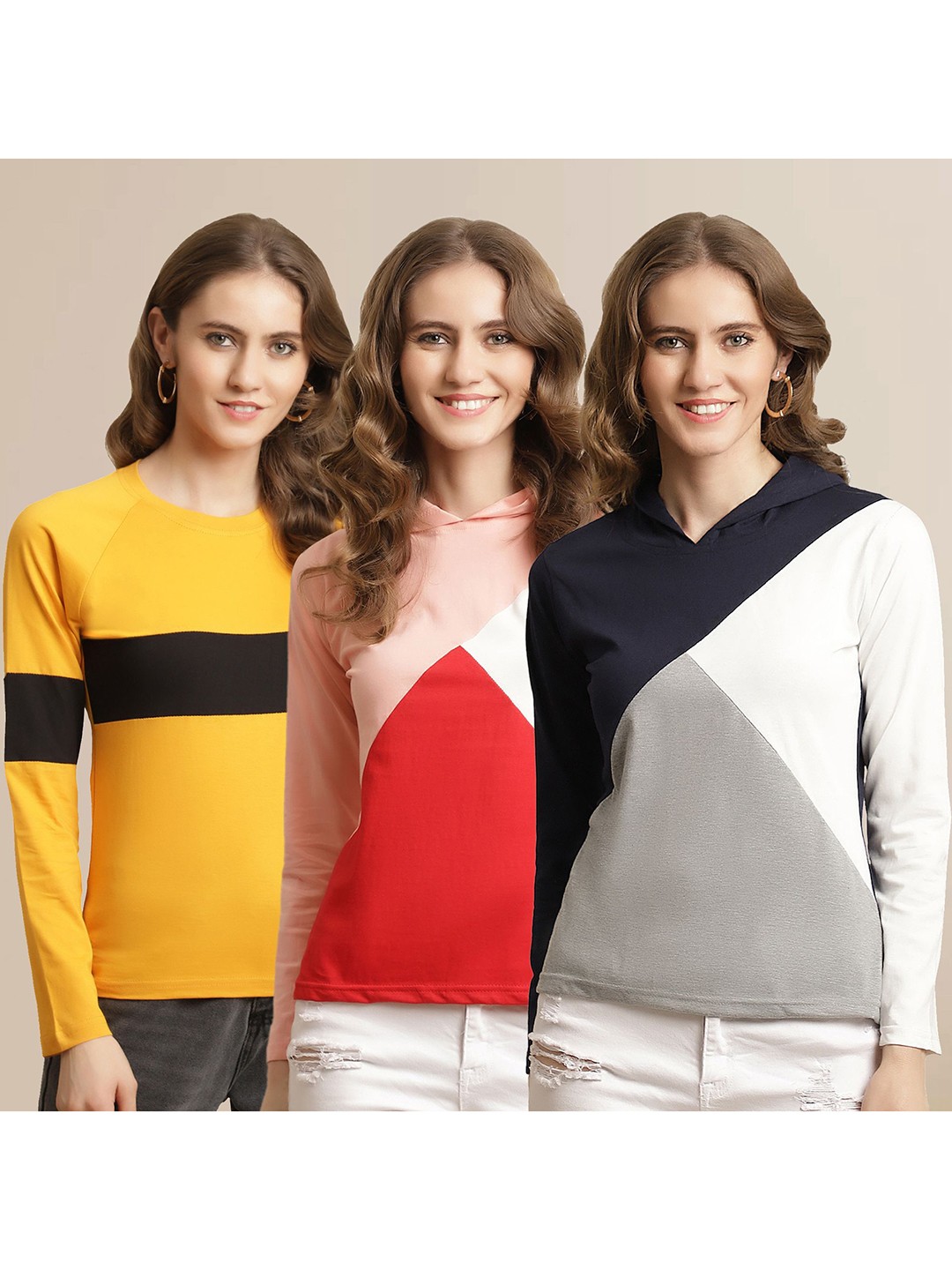 

Metronaut Women Pack Of 3 Colourblocked Round Neck Cotton T-shirts, Yellow