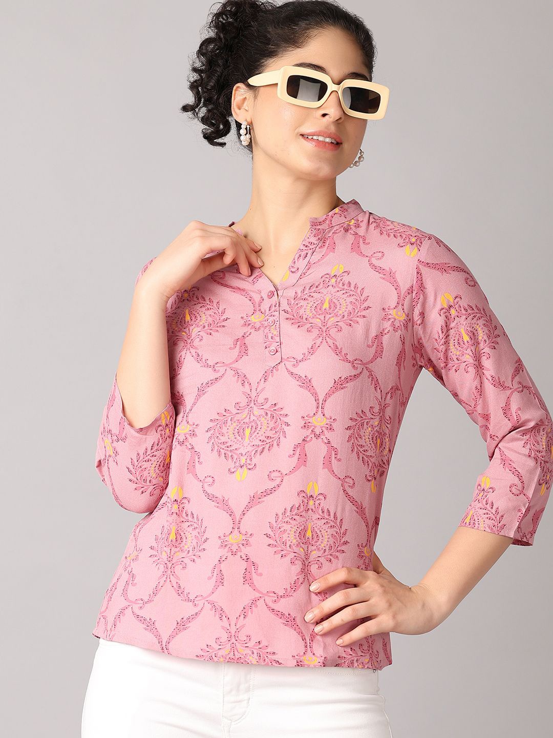 

V-Mart Women Floral Print Long Sleeves Shirt Style Top, Pink