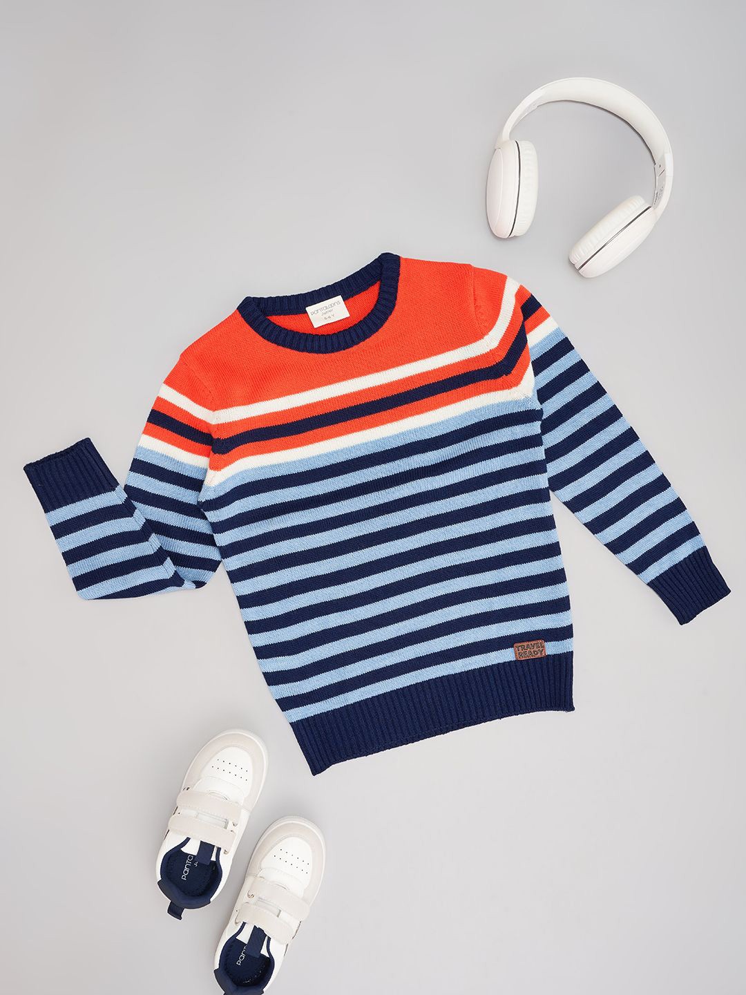 

Pantaloons Junior Boys Striped Round Neck Pullover, Orange