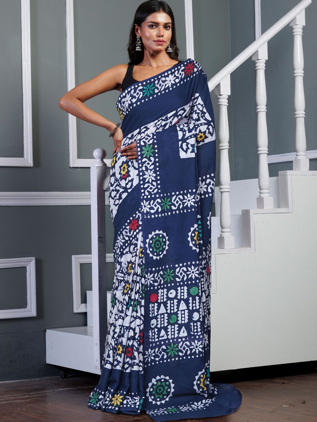 

Unnati Silks Pure Cotton Handloom Block Print Saree, Navy blue