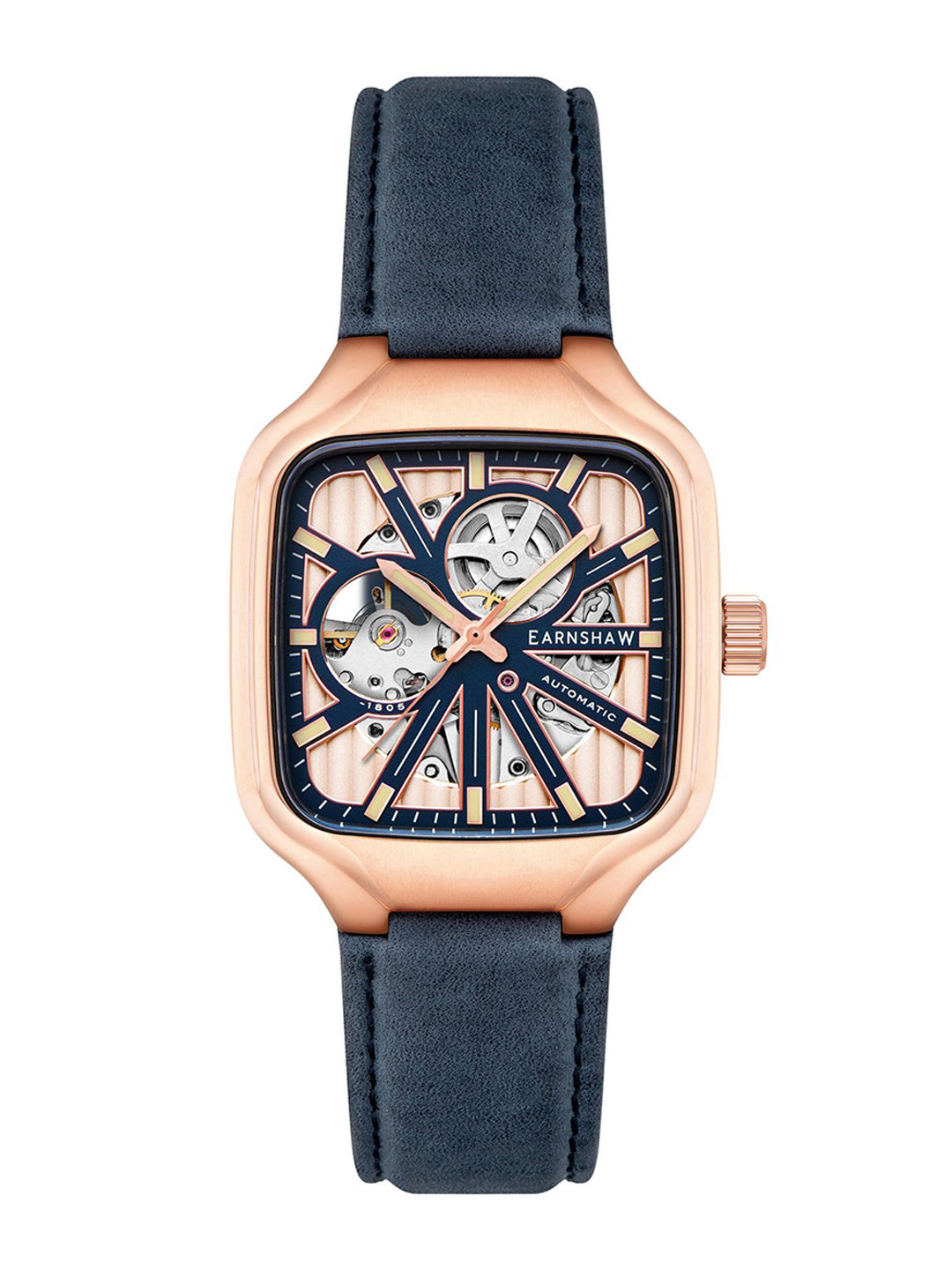 

EARNSHAW Men Brass Skeleton Dial & Leather Straps Analogue Automatic Motion Powered Watch, Blue