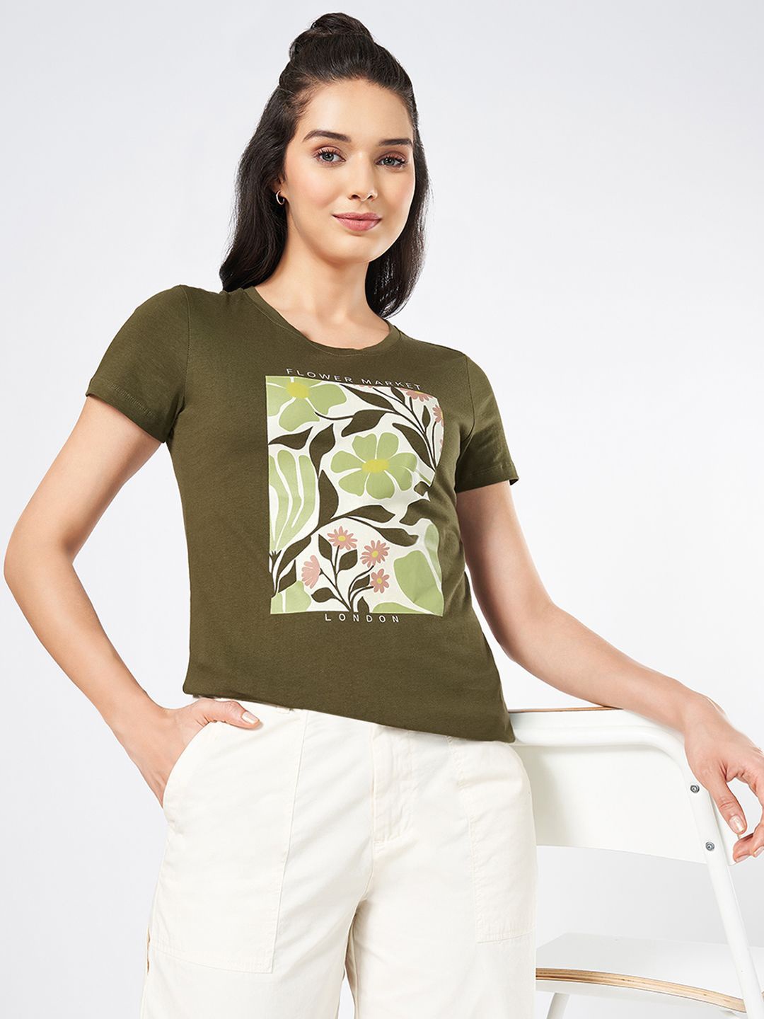 

Honey by Pantaloons Women Cotton Round Neck Short Sleeves Casual Top, Green
