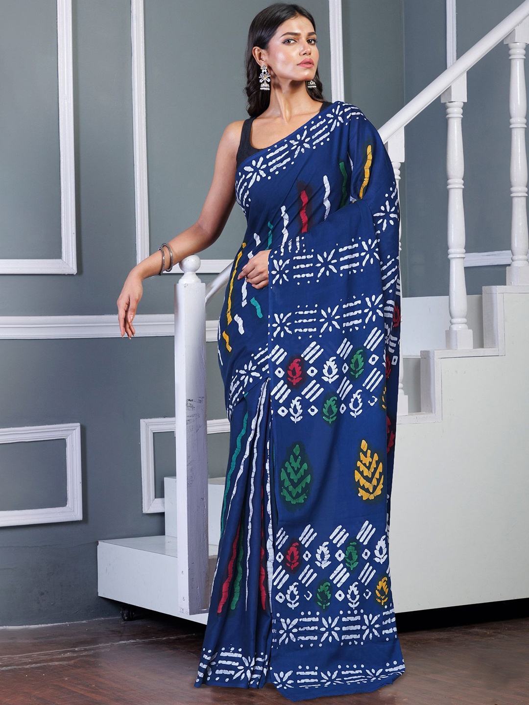

Unnati Silks Ethnic Motifs Pure Cotton Handloom Block Print Saree, Navy blue