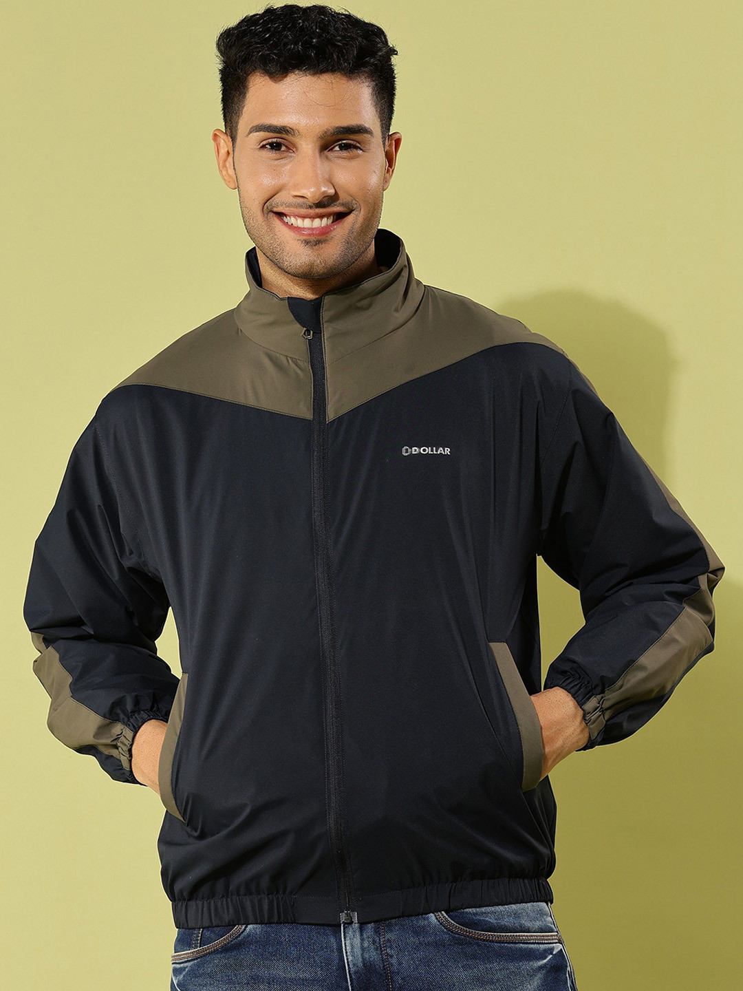 

Dollar Men Mock Collar Colourblocked Casual Bomber Jacket, Navy blue