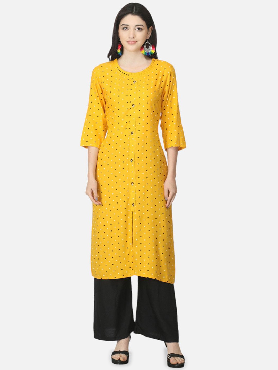 

Biyu Polka Dot Printed Cotton Straight Kurta, Yellow