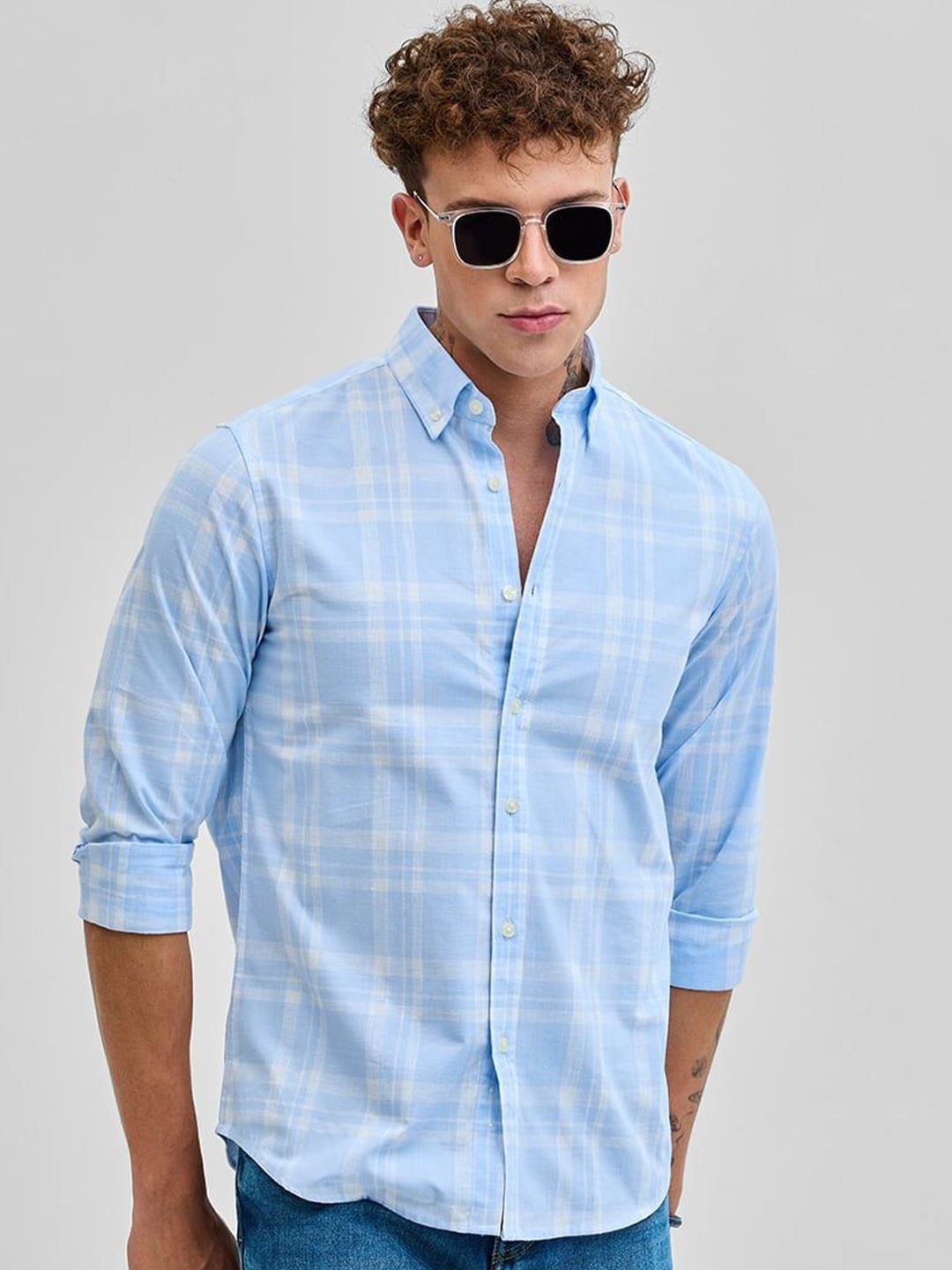 

Snitch Men Smart Button-Down Collar Tartan Checked Cotton Casual Shirt, Blue
