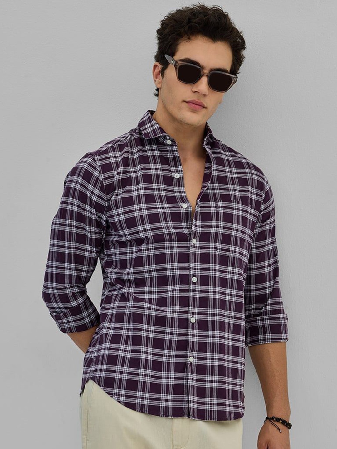 

Snitch Men Smart Spread Collar Tartan Checked Cotton Casual Shirt, Purple