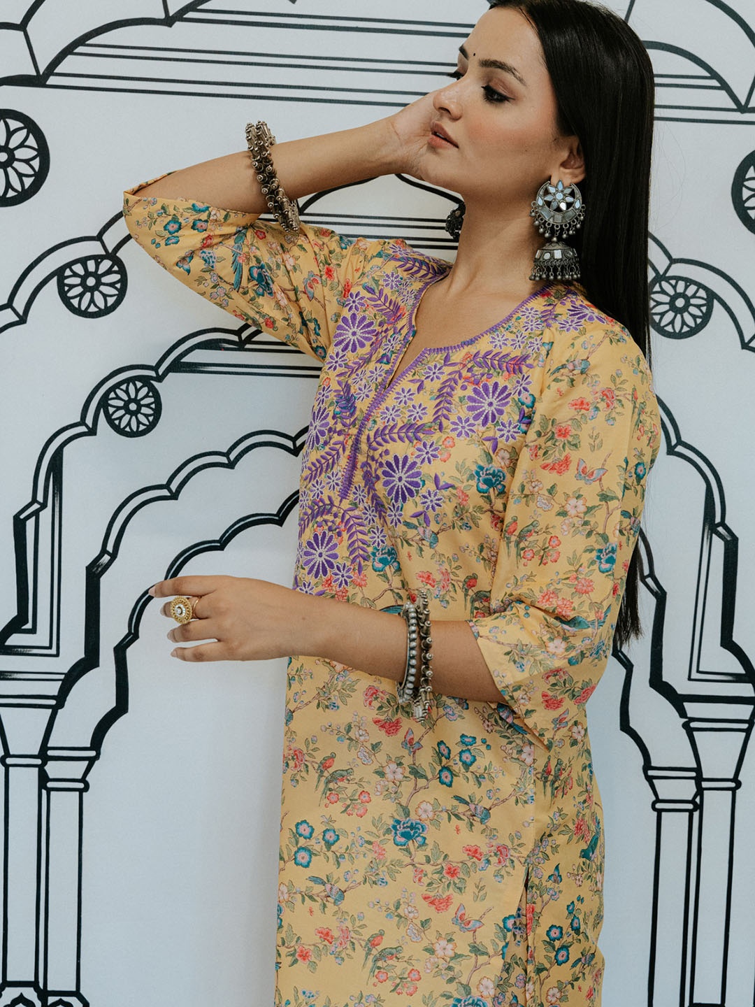 

GulaboJaipur Floral Printed Straight Thread Work Kurta with Trousers, Yellow