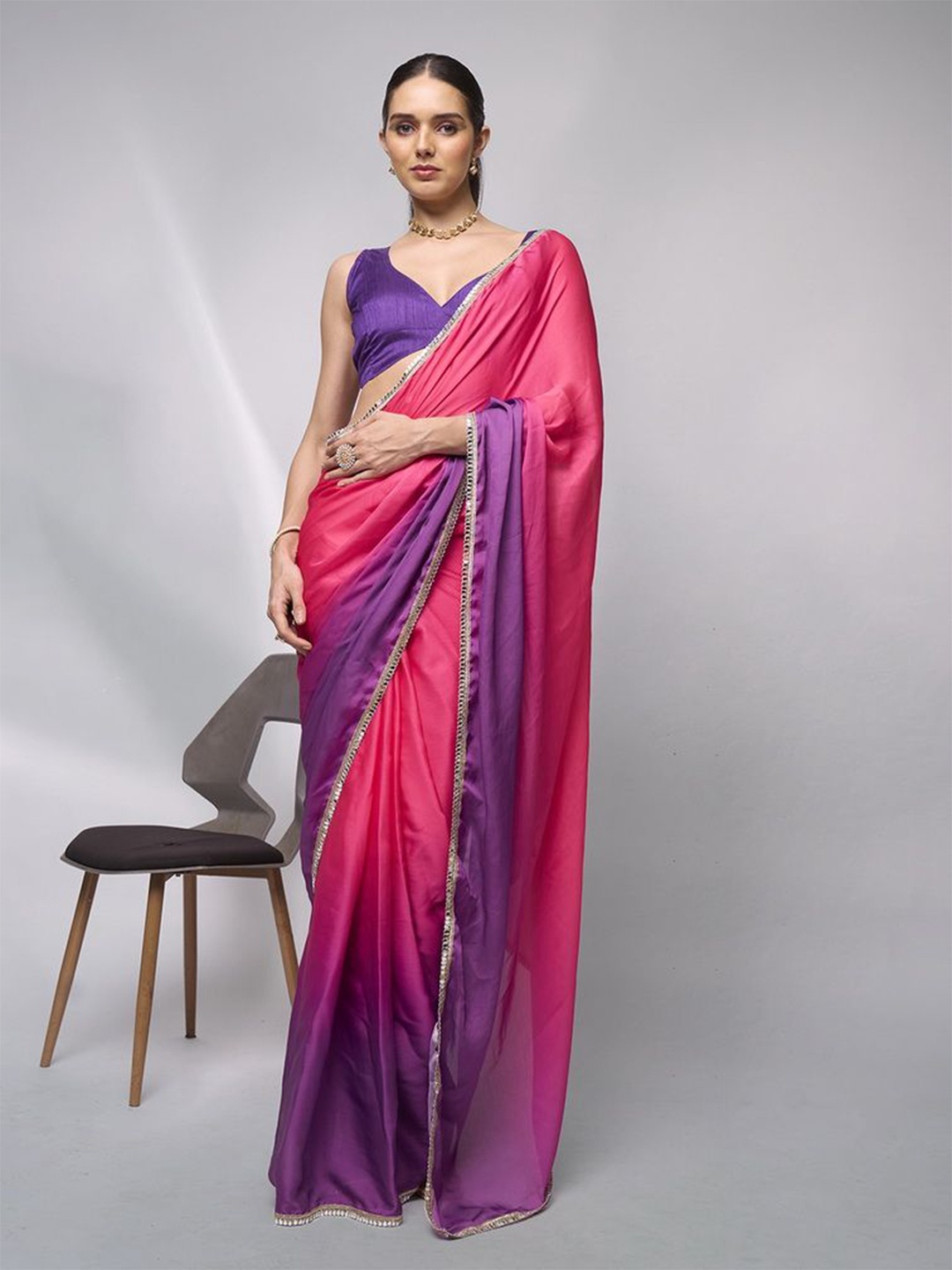 

Mitera Embellished Mirror Work Pure Chiffon Ready to Wear Saree, Pink