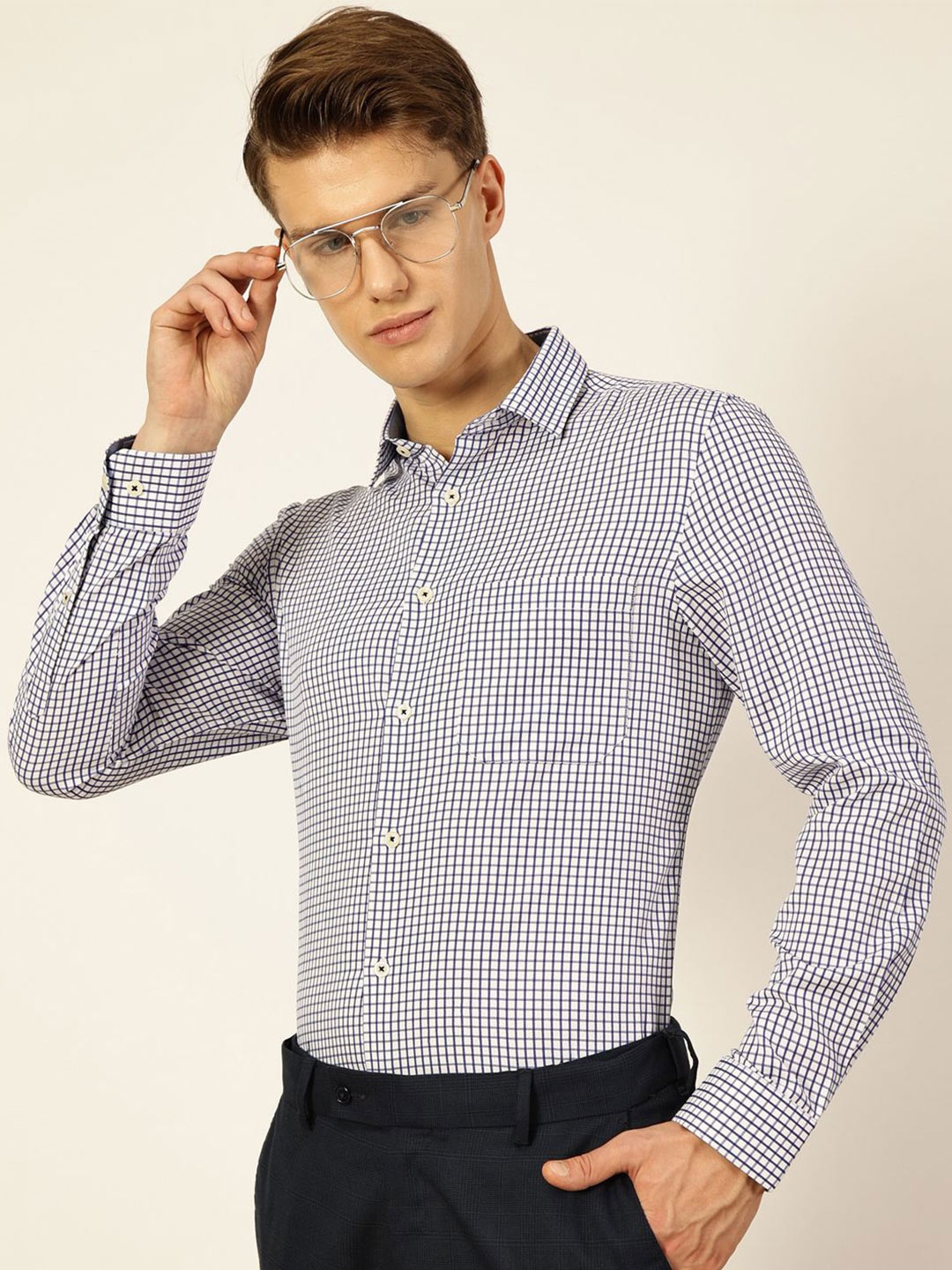 

Thomas Scott Men Smart Spread Collar Gingham Checked Cotton Formal Shirt, Blue