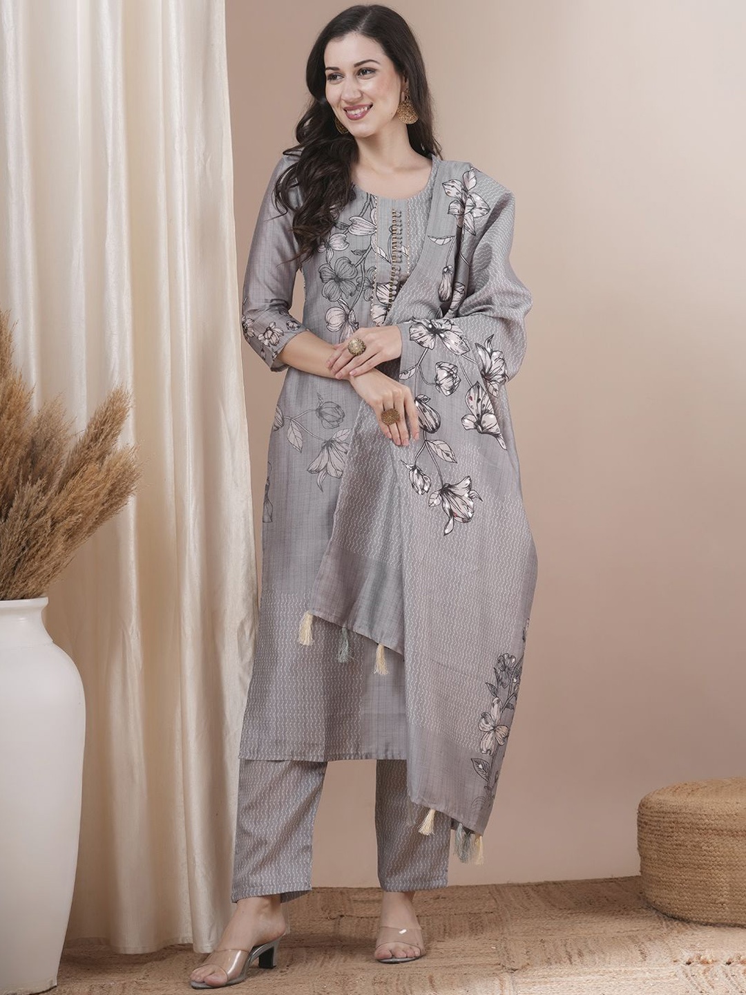 

FASHOR Floral Printed Round Neck Straight Kurta With Trousers & Dupatta, Grey
