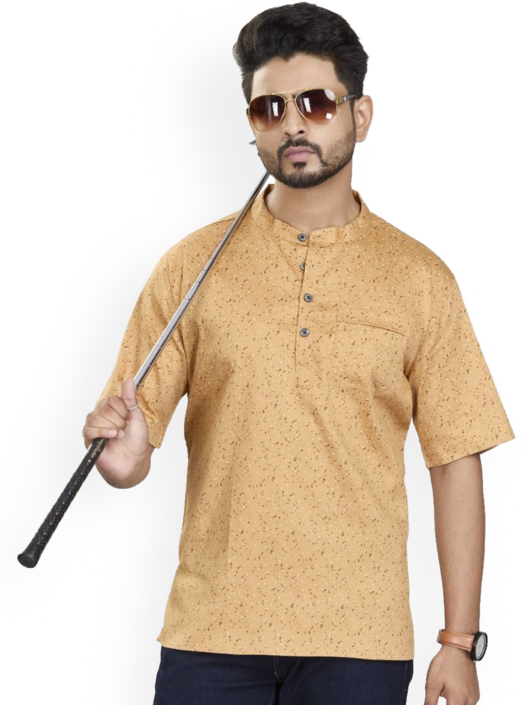 

Authentics Astro Abstract Printed Mandarin Collar Cotton Satin Short Kurta, Beige