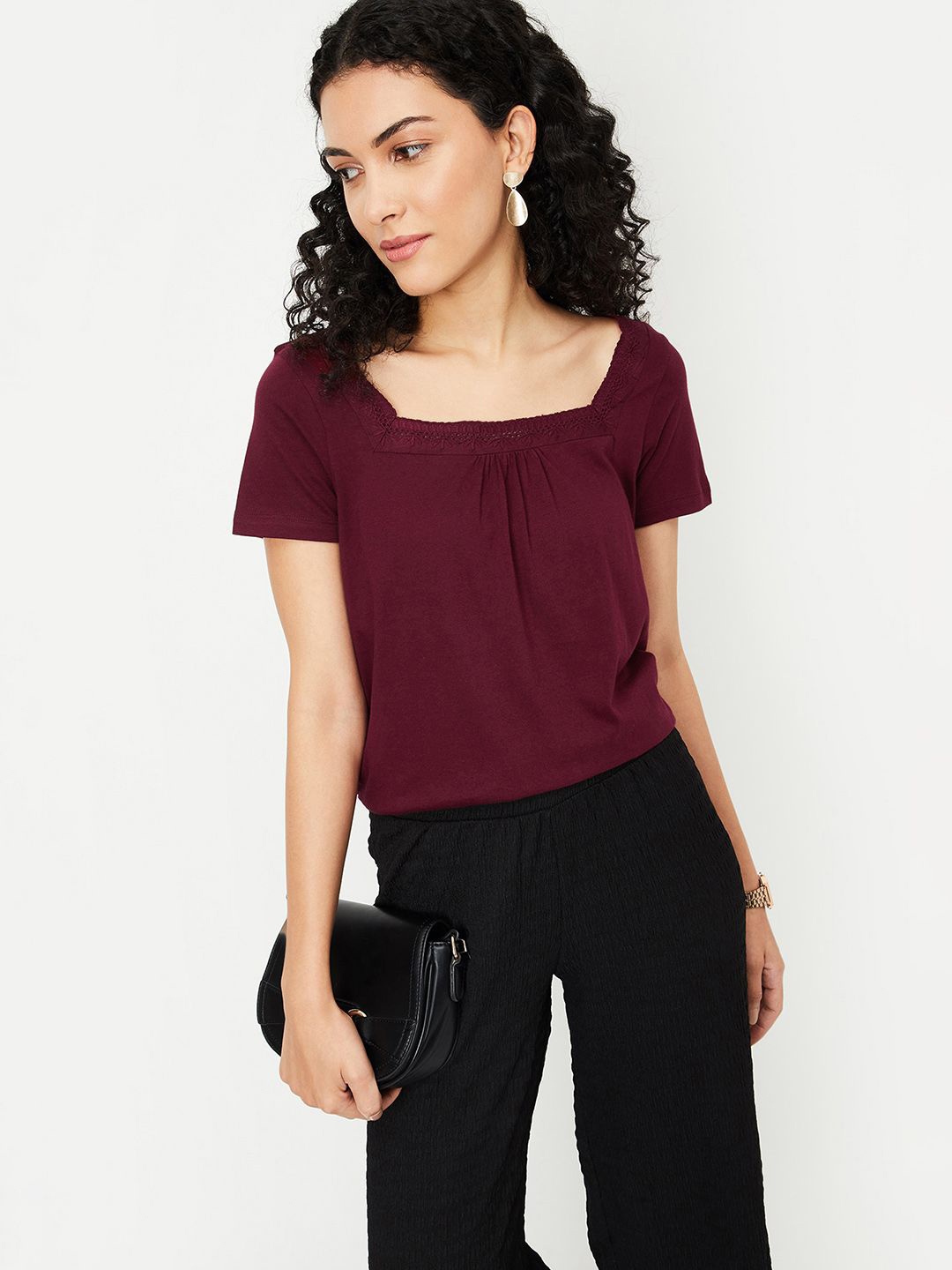 

max Women Cotton Square Neck Short Sleeves Top, Burgundy