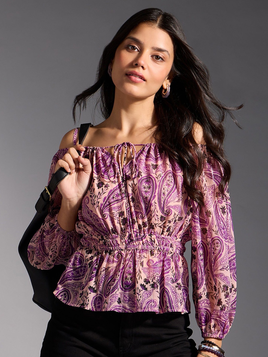 

20Dresses Ethnic Motifs Printed Tie-Up Neck Cold-Shoulder Sleeves Tops, Purple