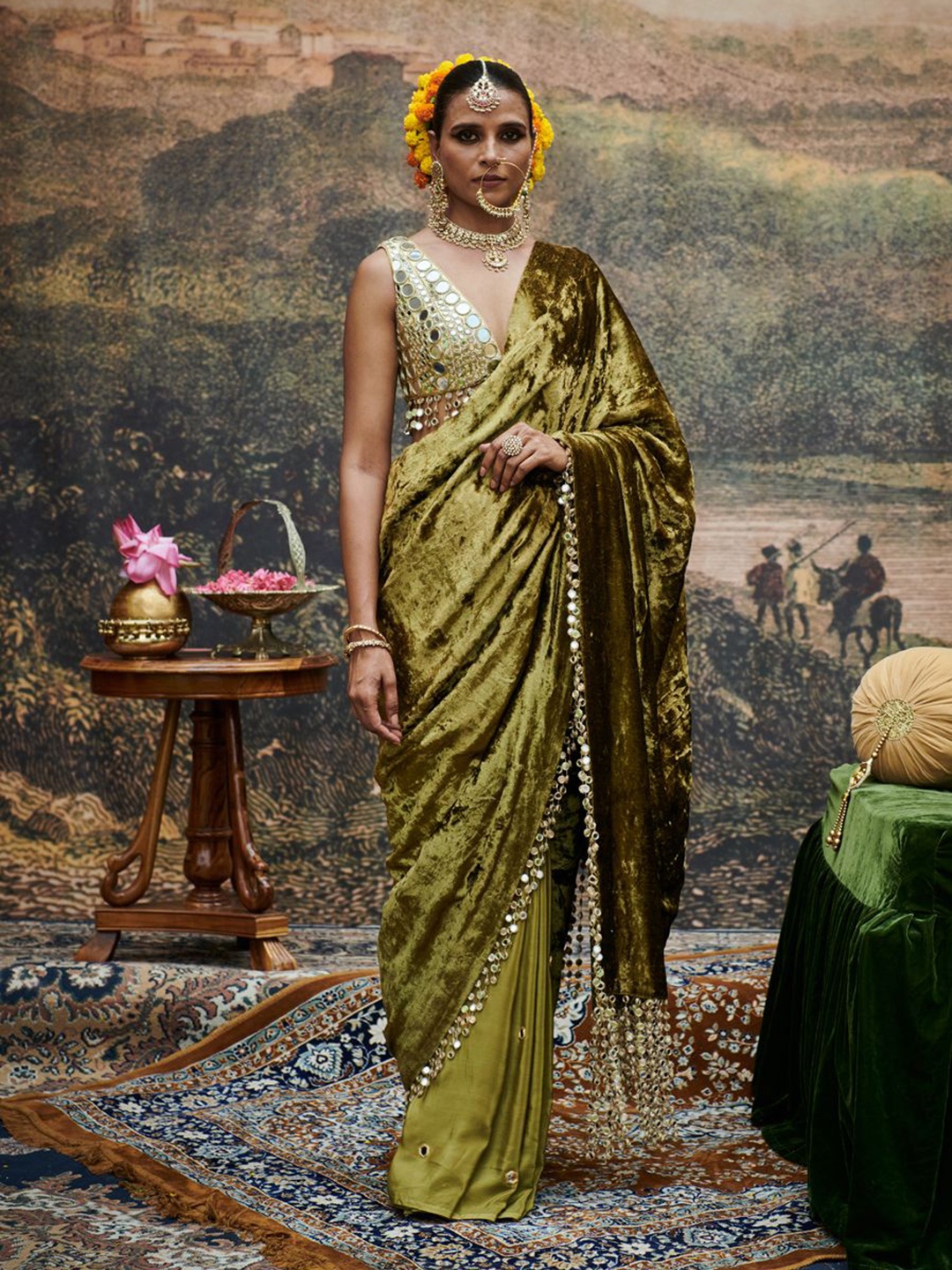 

ITRH Mirror Work Pure Cotton Saree with Stitched Blouse, Olive