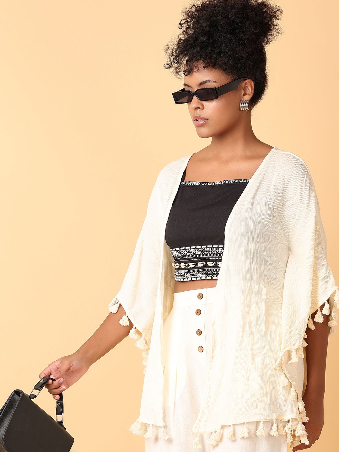 

V-Mart Women Cotton Front Open Kimono Sleeve Kaftan Top, Off white